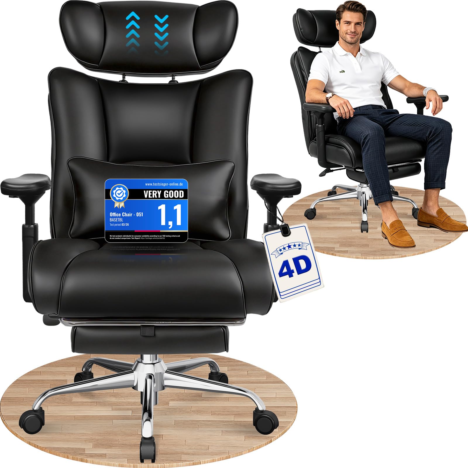 BASETBL Sedia da Ufficio 200 kg con Seduta XXL, Braccioli 4D e Poggiapiedi | Portata 200 kg, seduta XXL 60 × 55 cm, blocco 90°–120°, poggiapiedi estraibile e ruote in PU