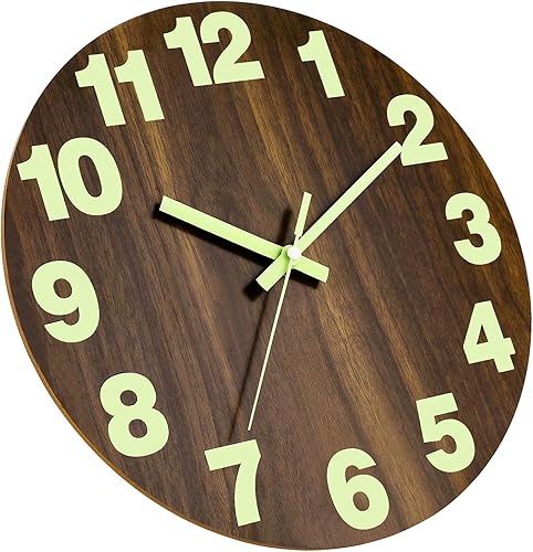 Miniatura 5 de Plumeet Reloj de pared con luz nocturna, 12 pulgadas de madera que brilla en la oscuridad para dormitorio, reloj de pared iluminado silencioso,