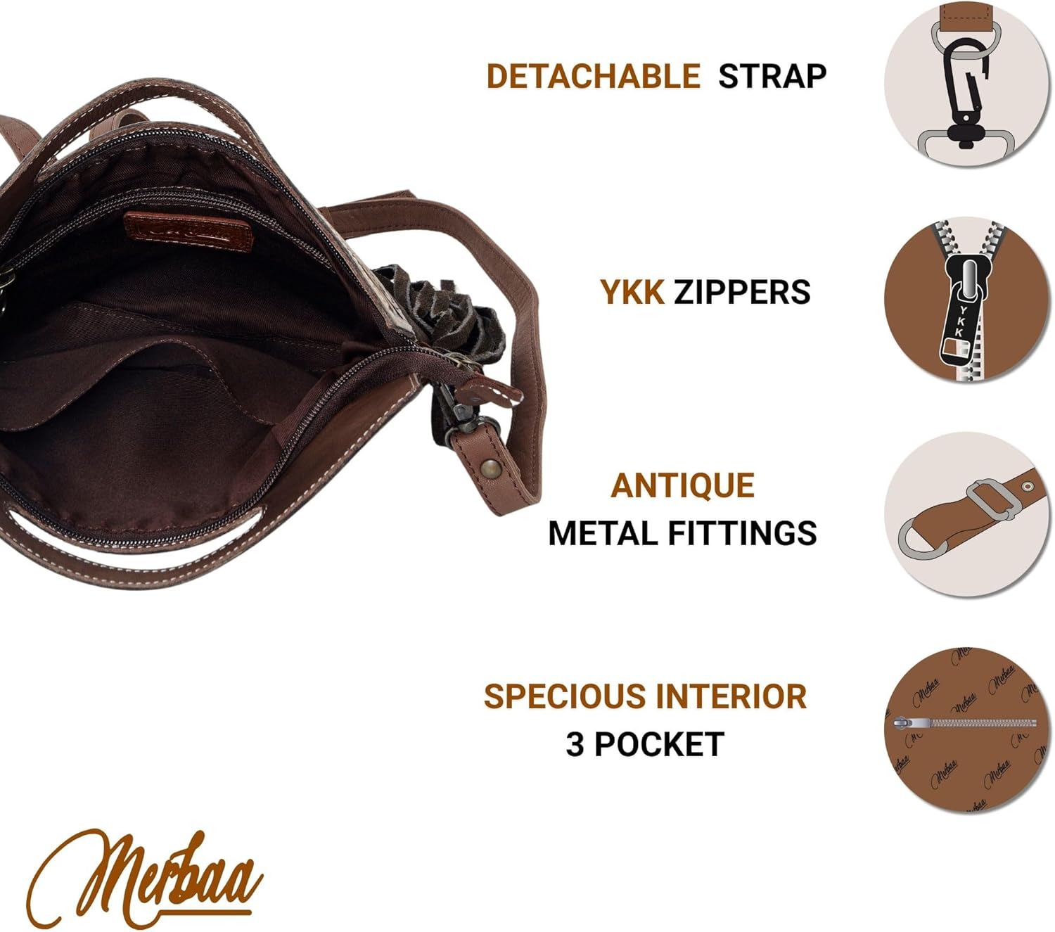 Merbaa Women Natural Cowhide Leather Crossbody Sling Bag With Adjustable Detachable Strap | Shoulder Bag | Handbag - Image 4