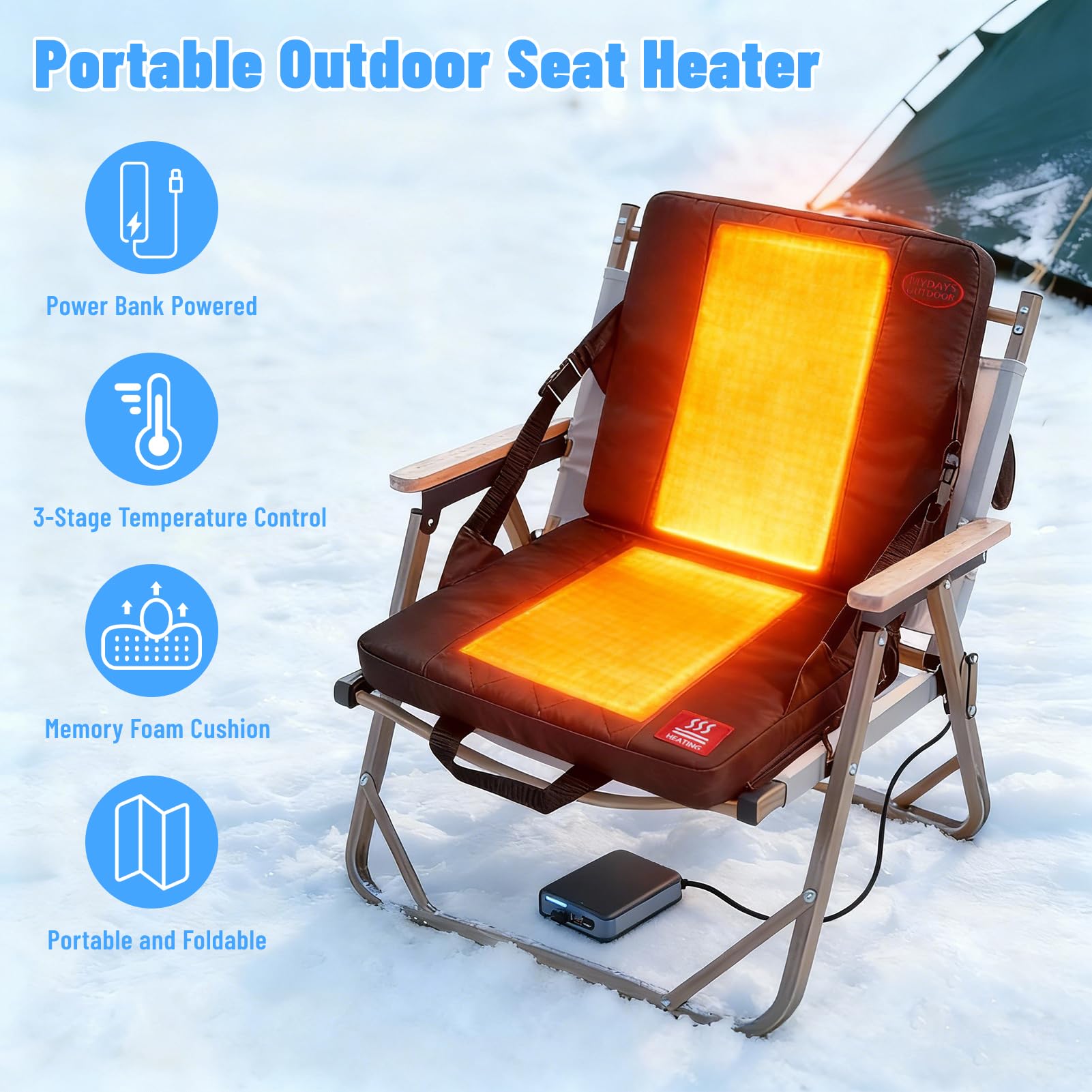 Plplaaoo Cojín Calefactable Plegable – Asiento de Estadio con Calefacción & Almohadilla Térmica Portátil para Aire Libre, Camping y Oficina, con 3 Niveles de Calor y USB 5V
