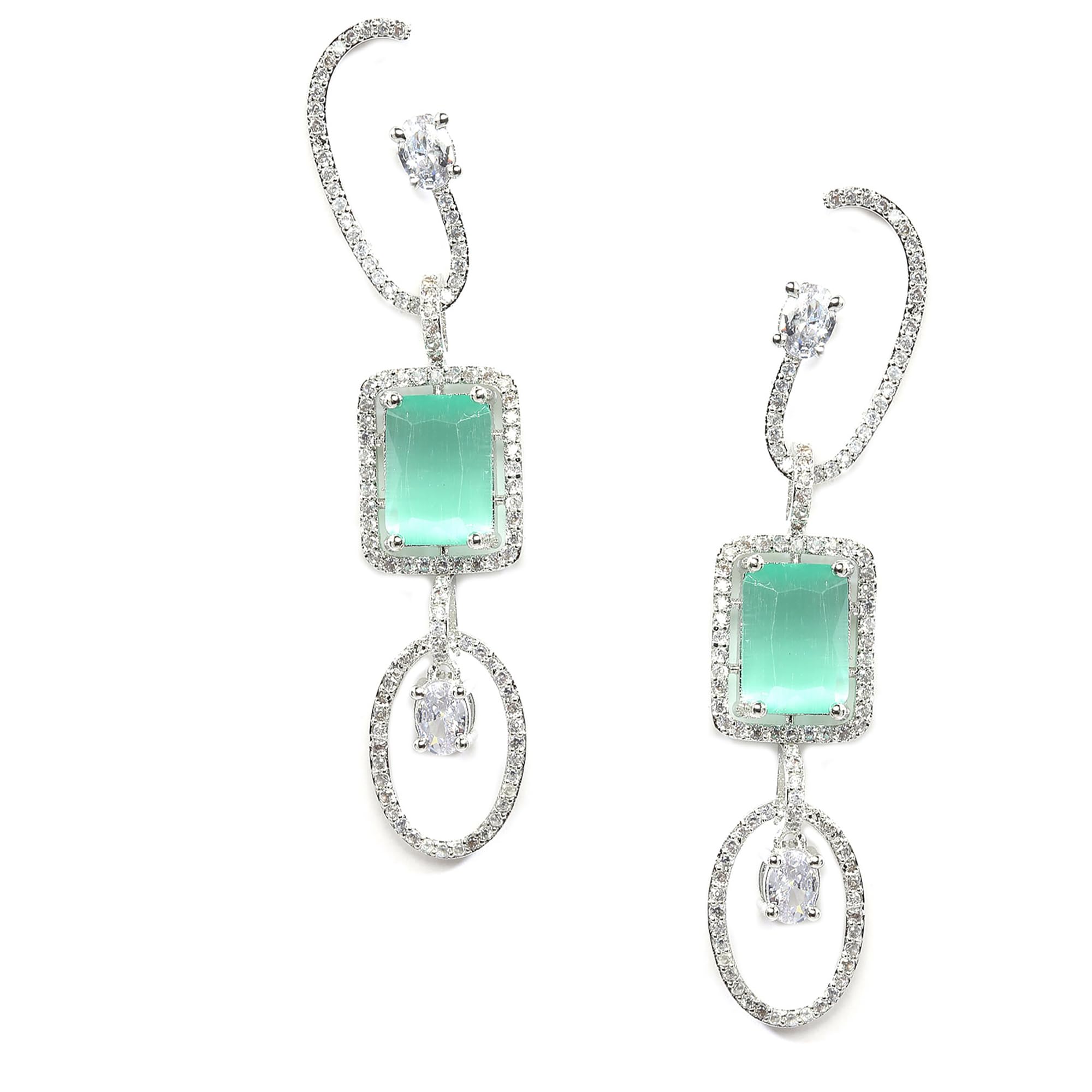 ZENEMECharming Geometric Shaped Brass American Diamond Rhodium Plated Stud Earring for Women