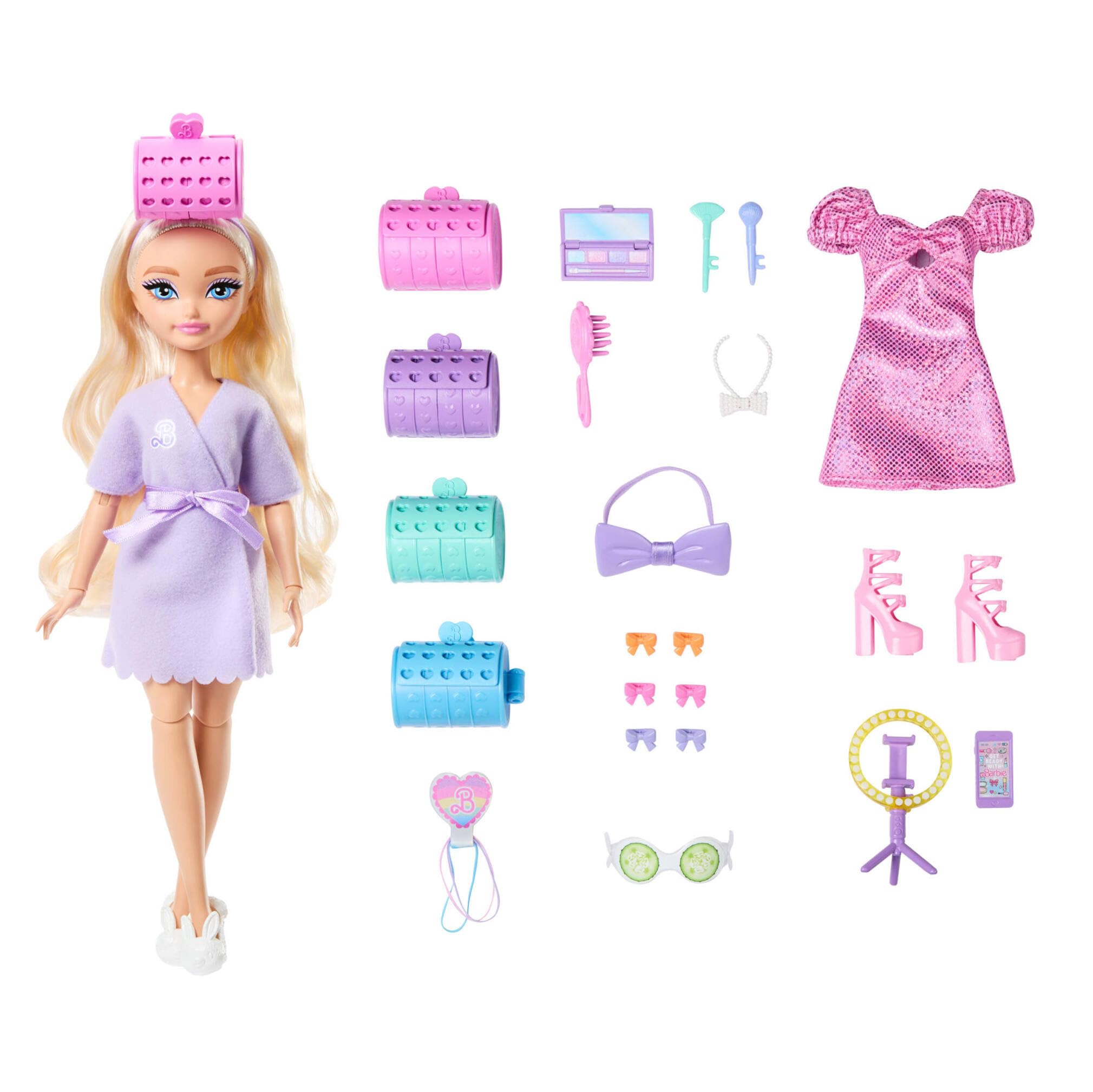 Barbie Dream Get Ready with Malibu' Muñeca de Moda con Pelo estilizado, Incluye Accesorios Sorpresa para el Pelo y más de 15 Looks, JGG38