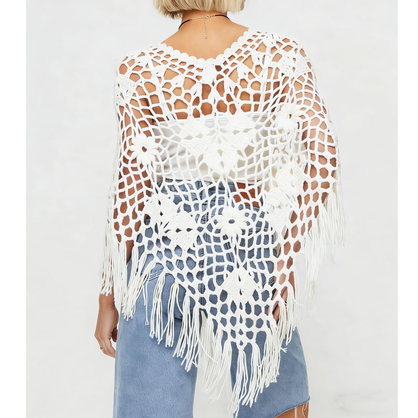 Genérico Poncho Y Capa De Punto Y Ganchillo Para Mujer Diseño Floral Con Flecos, Estilo Boho Y Casual Cubrebaños Chal Envolvente