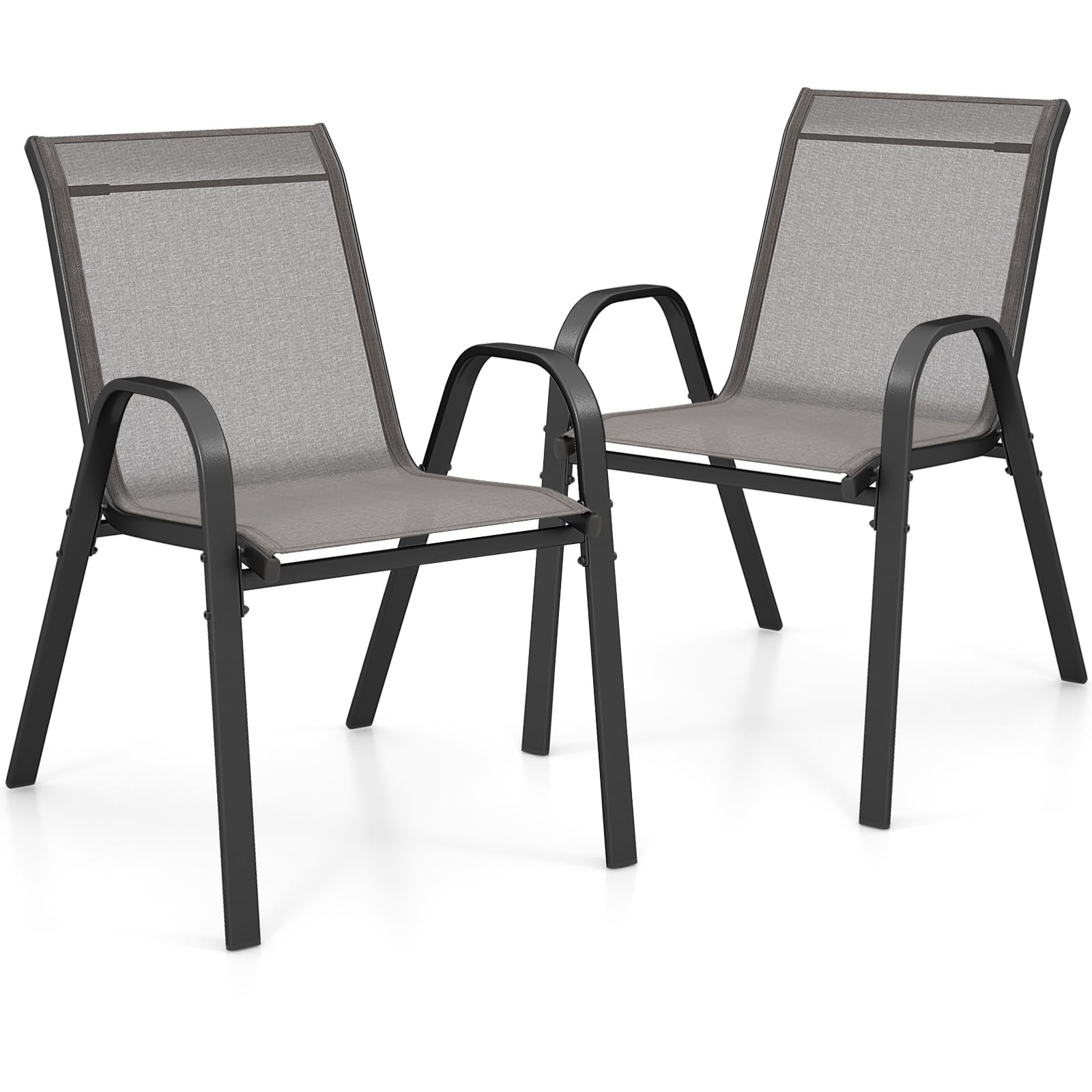 GIANTEX Lot de 2 Chaises de Jardin Extérieures, Chaise de Salle à Manger Empilables Cadre en Acier avec Mains Courantes, Fauteuil d'Extérieur avec Dossier et Siège Ergonomiques (Gris)