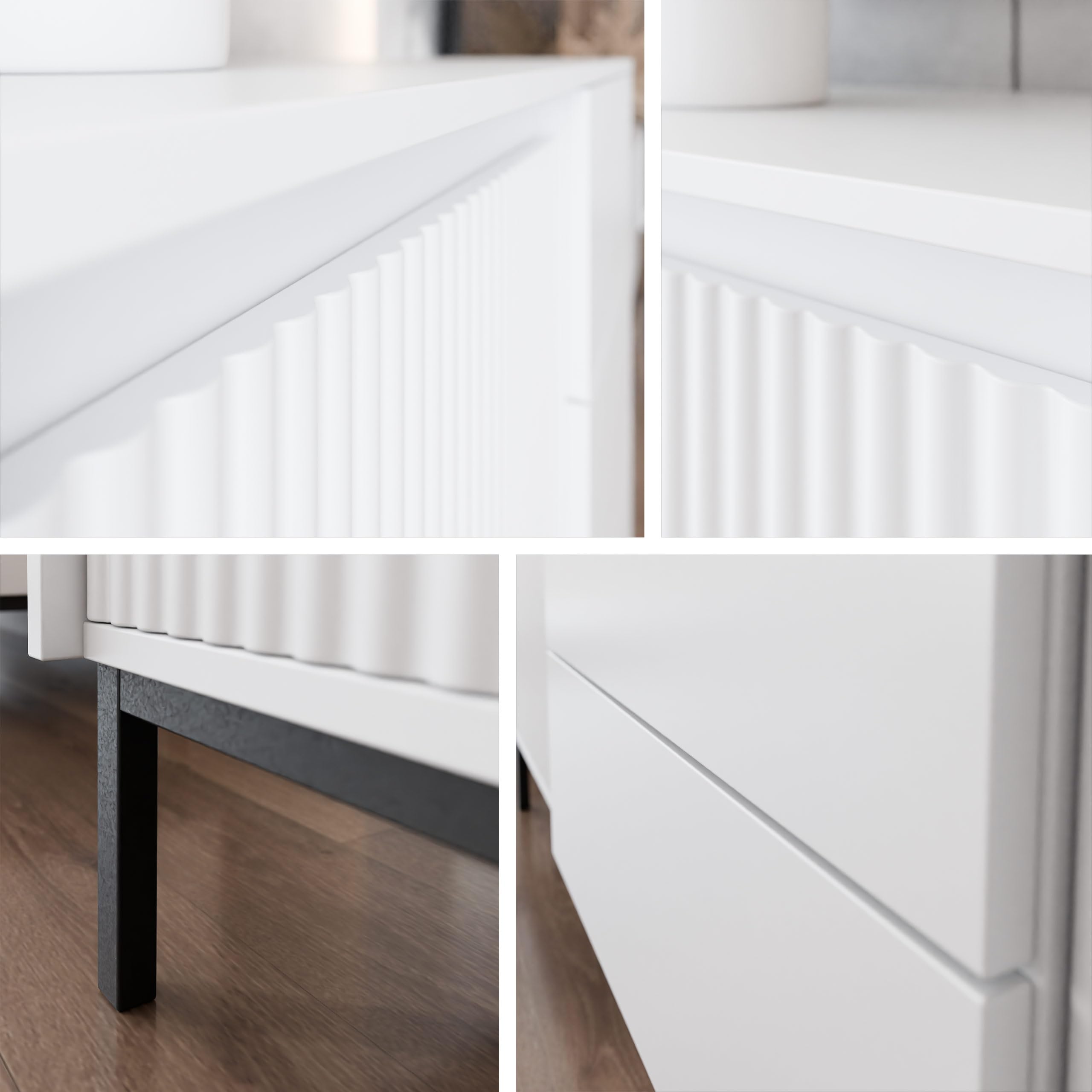 Mirjan24 Standvitrine Ozmi 2D2S, Vitrine mit 2 Türen und 2 Schubladen, innen 7 Fächer, Metallfüße, Push to Open, geriffelte Fronten, Vitrinenschrank für Wohnzimmer (Weiß)
