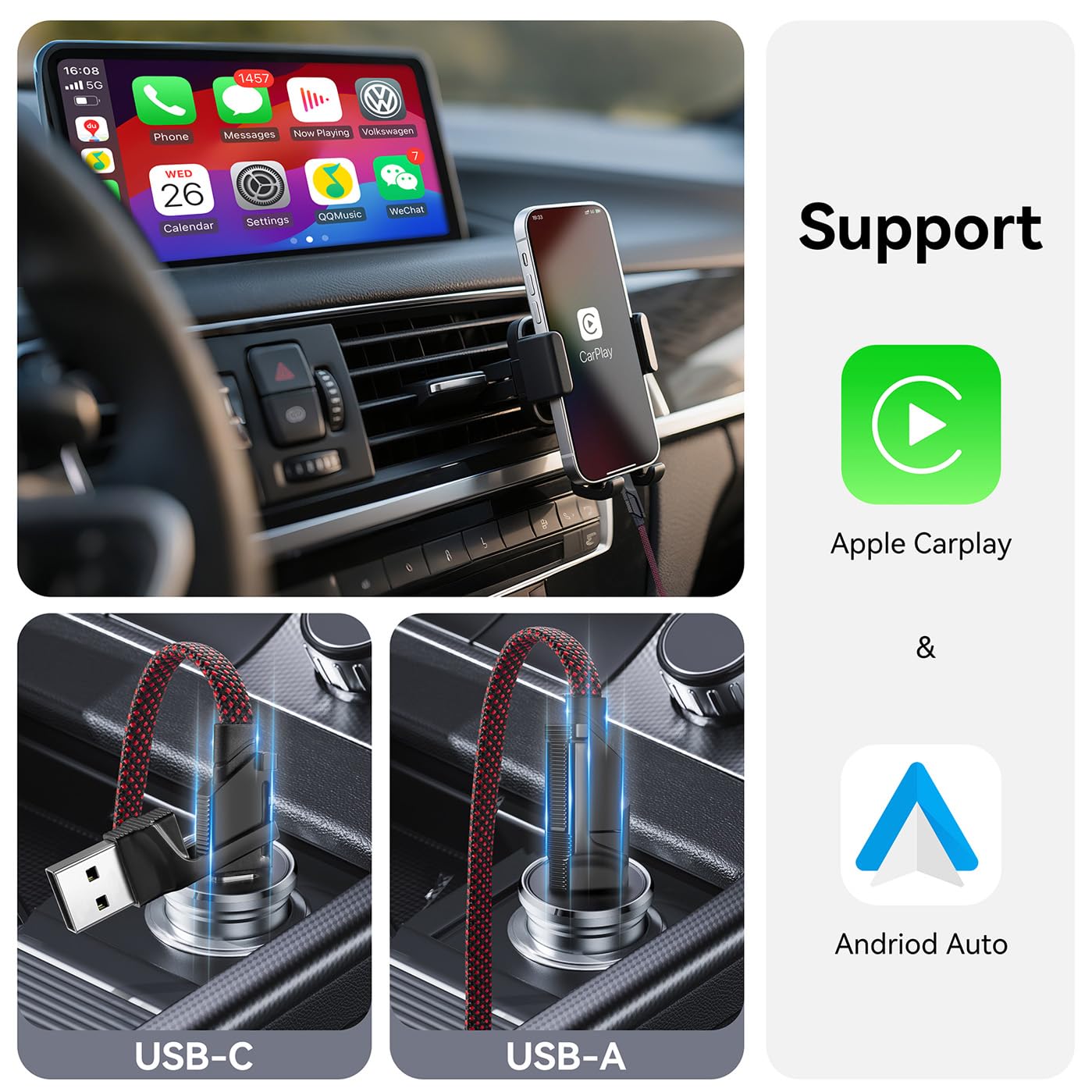 Miger 2Pack 6FT 240W 4 in 1 Braided Fast Charging Cable, Car Chargrs for Multiple Devices, USB A/C to C/Lightning Multi Charger Cord for iPhone 17 16 15 14 Pro,MacBook,iPad,Galaxy,Kindle,PS 5 & More