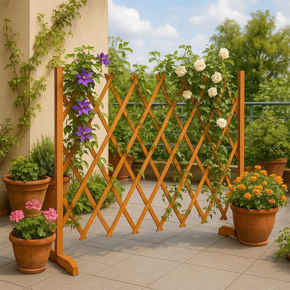 Paluplus Staccionata Estensibile in Legno di Abete, Lunghezza fino a 150 cm e Altezza 91 cm, Diametro 8 mm, Traliccio per Sostegno di Piante e Fiori, Recinzione Decorativa Autoportante -8102F