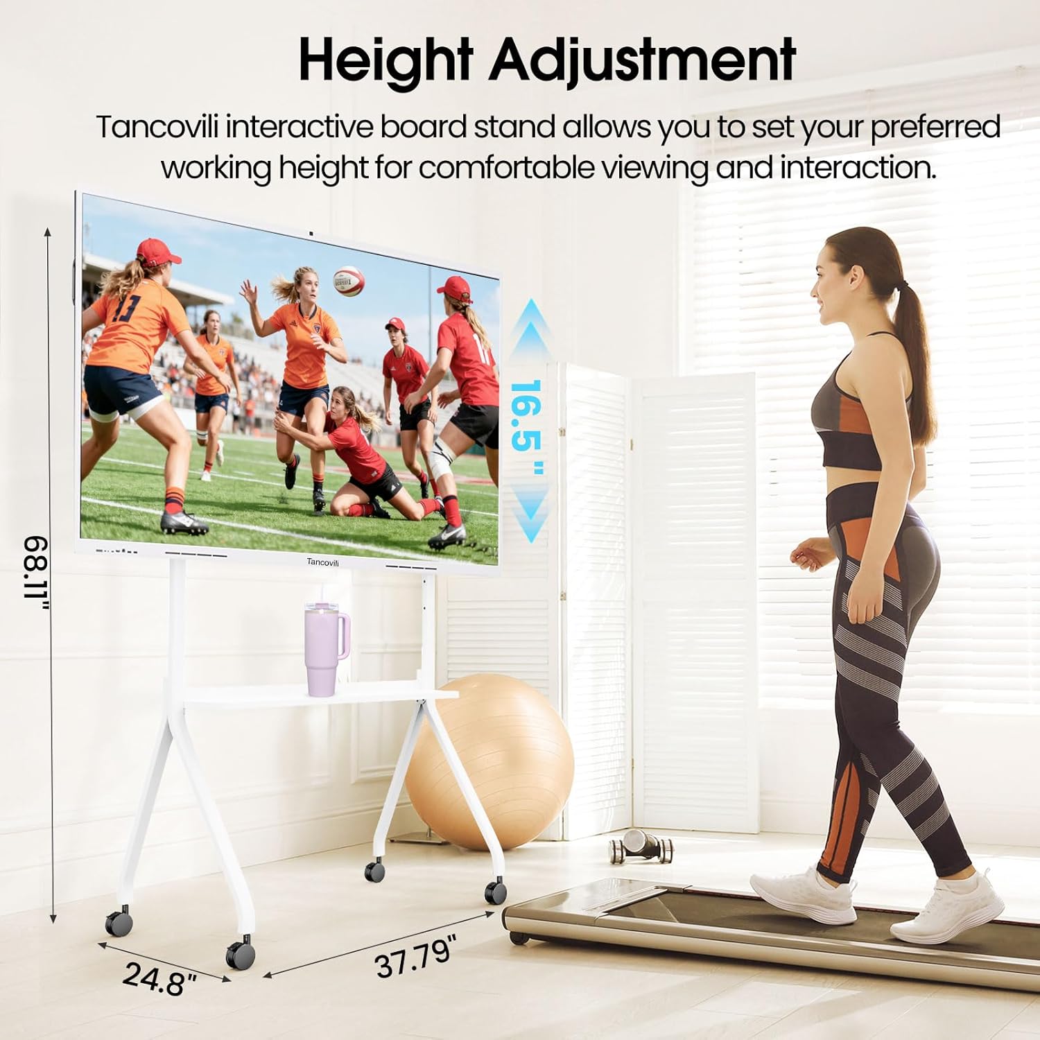 Mobile Stand for 43"- 75'' Smart Board, Heavy Duty Rolling TV Stand with Locable Wheels, Height Adjustable Holds up to 300lbs, Whiteboard Portable Cart on Wheels