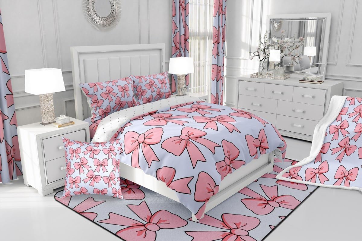 jejeloiu Bow Duvet Cover Kawaii Bowknot Bedding Set for Kids Boys Girls Princess Bow Knot Comforter Cover Pink and Blue Bedspread Cover Bedroom Collection 2Pcs Toddler Size,No Comforter
