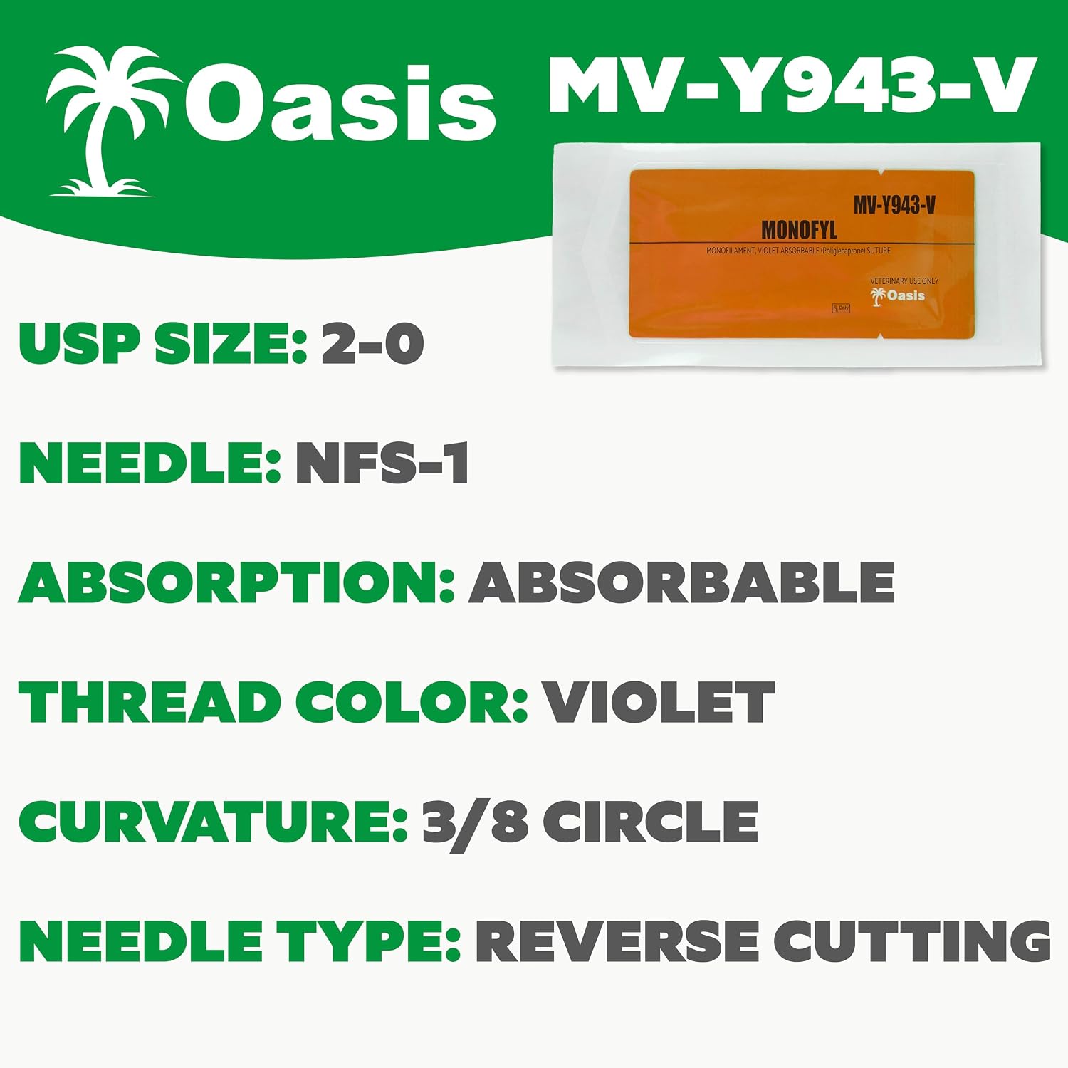Oasis Vet Monofyl (Poliglecaprone) Synthetic Absorbable Monofilament Suture, 2-0, (FS-1) 3/8 24mm Reverse Cutting Needle, 75cm