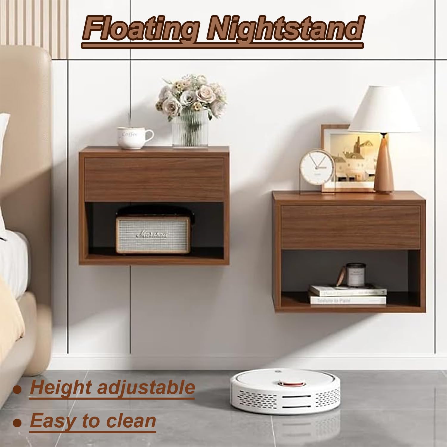 Comodino sospeso, mensola sospesa con cassetto, mensola a Parete con Contenitore, Piccolo tavolino Moderno con mensola Aperta, per camere da Letto, Soggiorno, Ufficio, Bagno