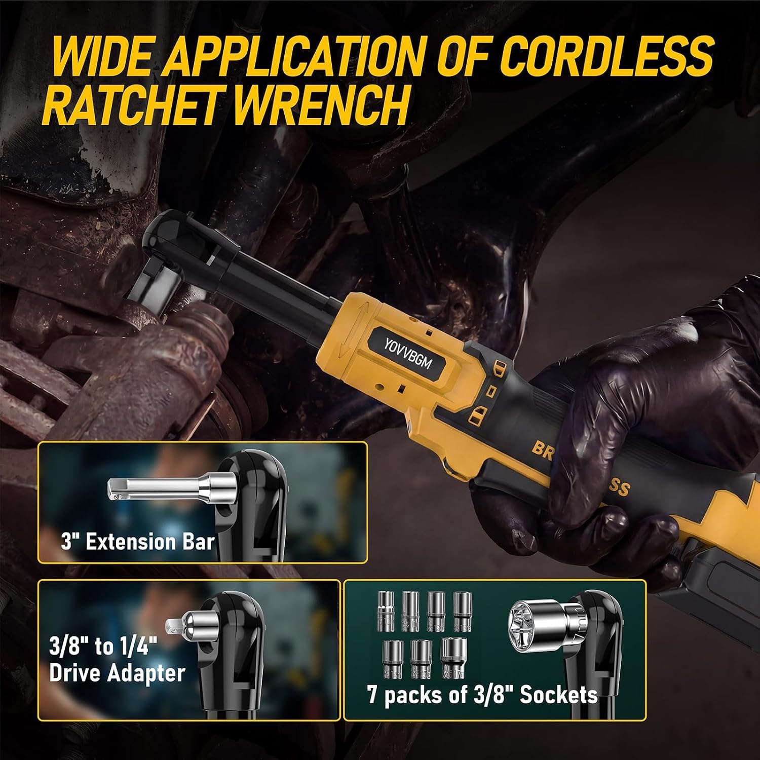 3/8" Cordless Ratchet Wrench, Compatible with DEWALT 20VMAX Battery, 60Ft-lbs(81N.m) Ratchet Wrench with Variable Speed Trigger, 3/8" to 1/4" Adapter, 3" Extension Bar(Tool Only)