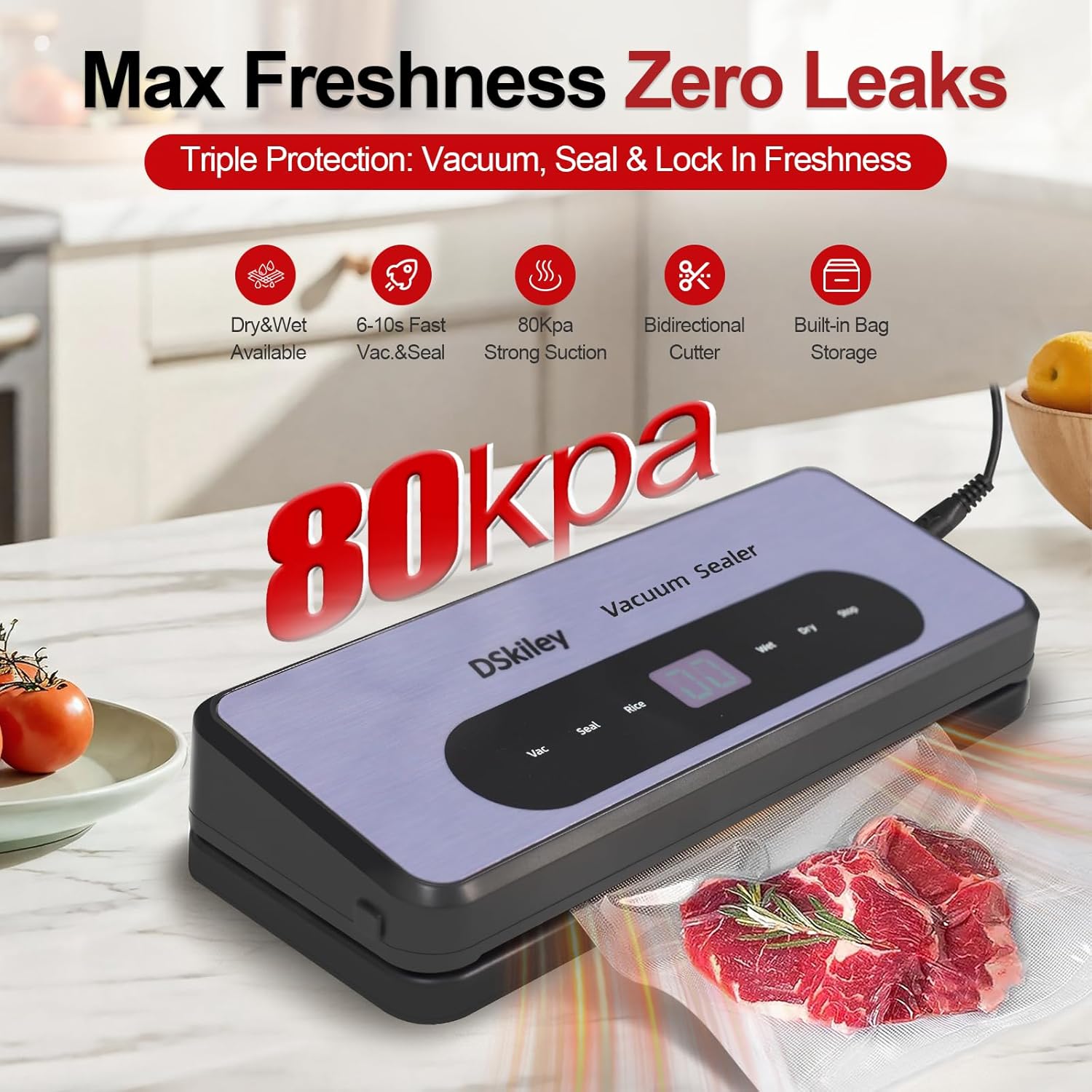Vacuum Sealer Machine for Food Preservation, 80kPa Powerful Suction, Built‑in Cutter & Starter Kit, Dry & Moist Modes, Digital Countdown, Compact Design, Keep Food Fresh 6X Longer - Image 2
