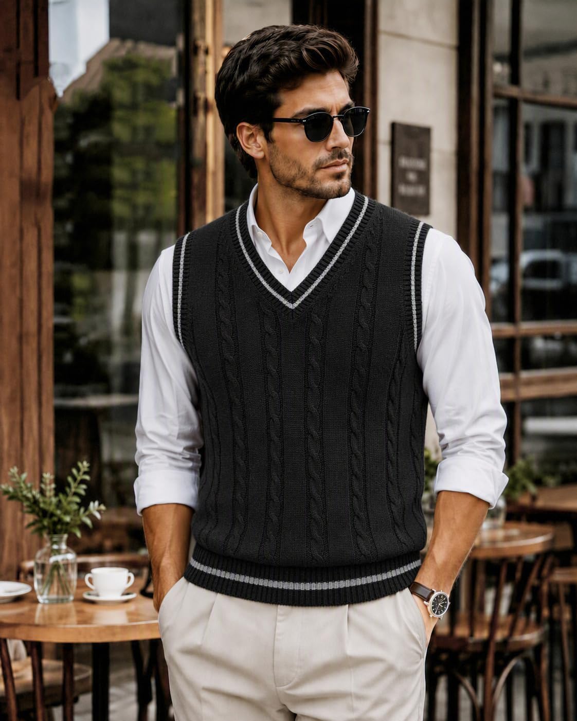 COOFANDY Mens Sweater Vest V Neck Casual Sleeveless Cable Knit Pullover