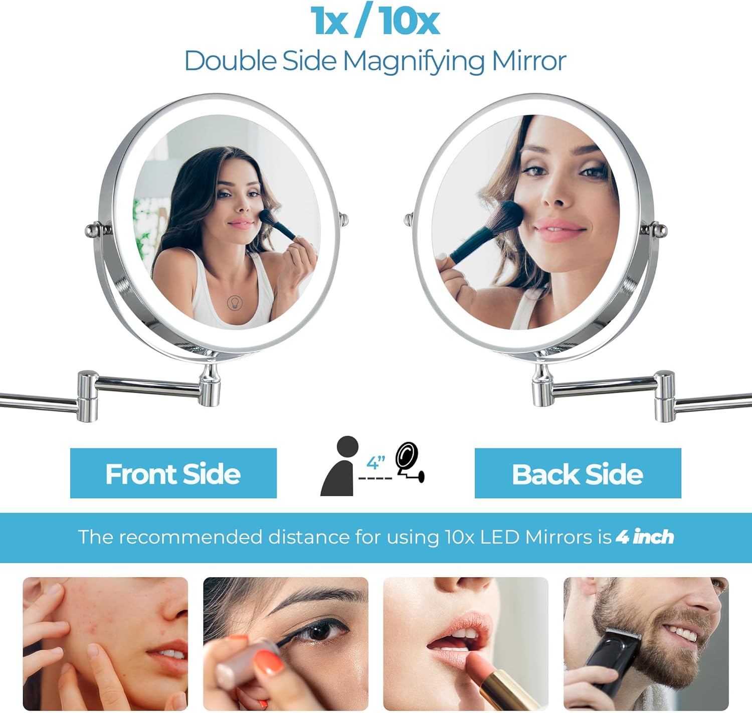 Fab Glass and Mirror Lighted Vanity Wall Mirror 1X/10X Magnifying, 8" Rechargeable 2000mAh Wall Mounted Makeup with 3 Color LED, Double-Sided Bathroom Wall Mirror Touch Dimmable 360 Rotation Chrome