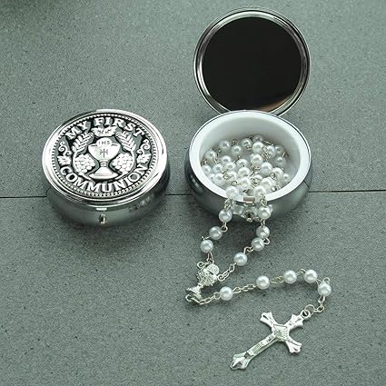 First Communion Rosary in Metal Trinket Box Keepsake Case