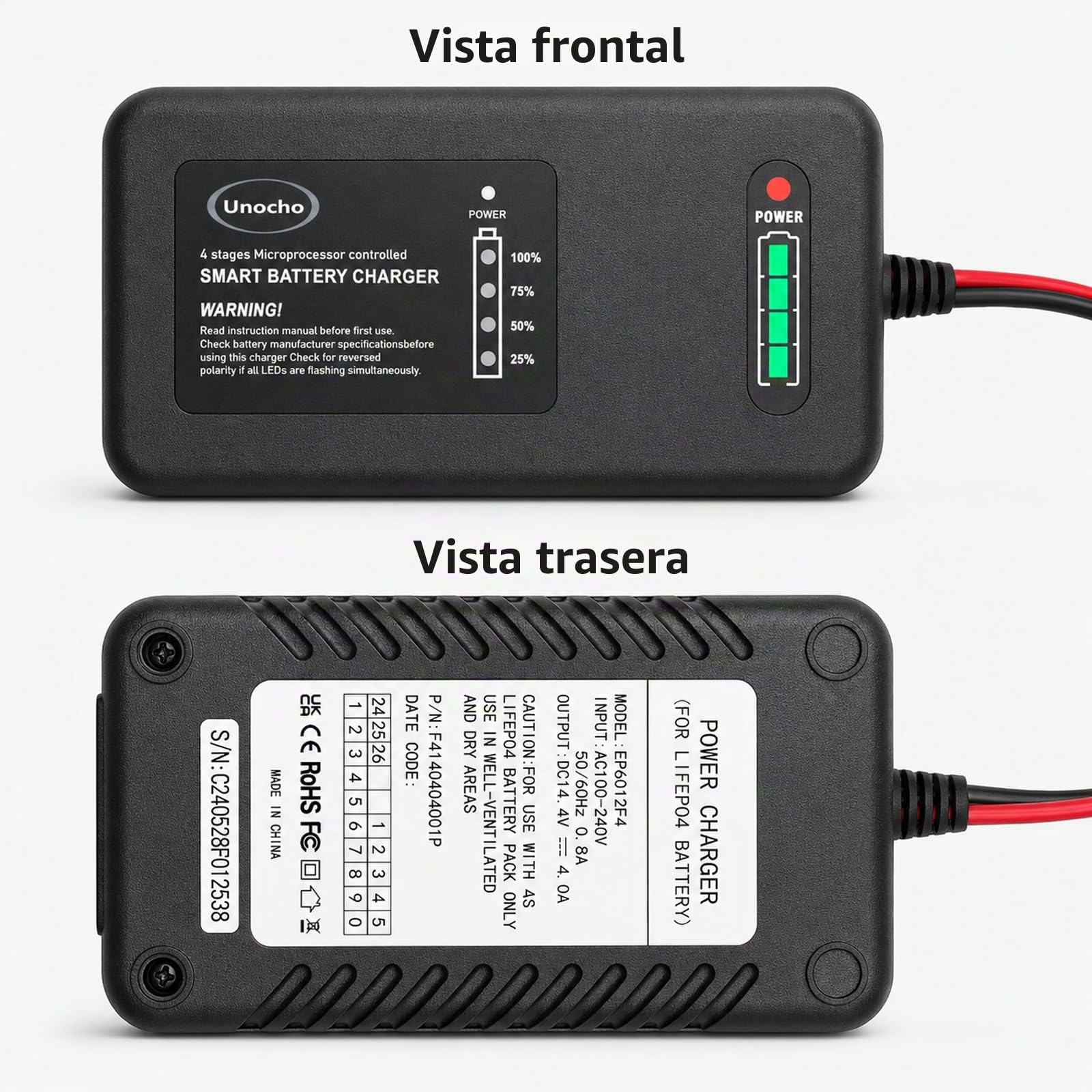 Cargador de Batería LiFePO4 de 14.6 Voltios de 4 Etapas Cargador de Batería de Litio de 12.8 Voltios de 4 Etapas para Autos, Motos, Cortadoras de Césped, Camiones, Barcos y Carritos de Golf