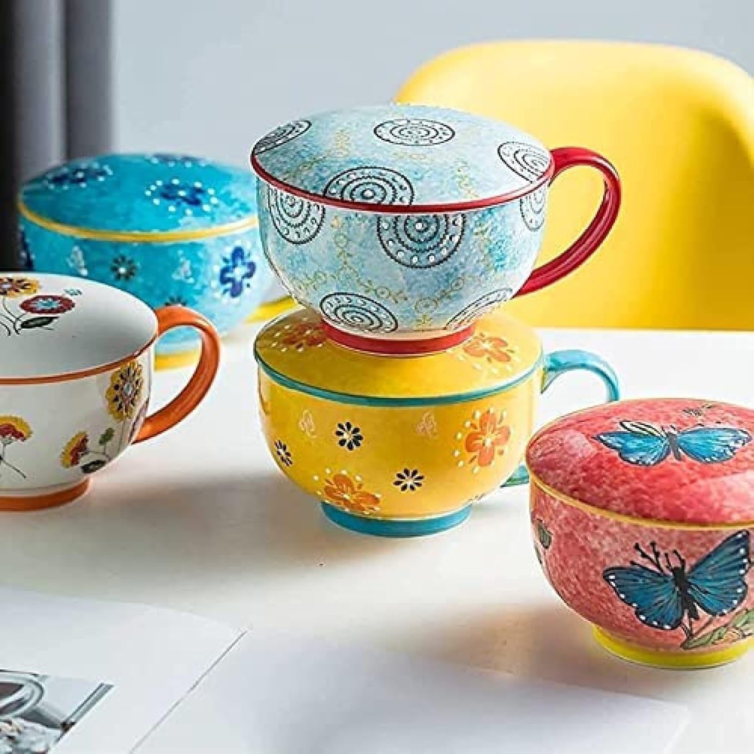 Miska Na Zupę Ramen, Ryż, Makaron Instant, Duża Ceramiczna Miska Na Zupę, Miska Na Makaron Z Pokrywką, Miska Na Makaron Instant Do Mikrofalówki, Duży Kubek Do Kawy Z Uchwytem, Blue, 730ML/25 OZ