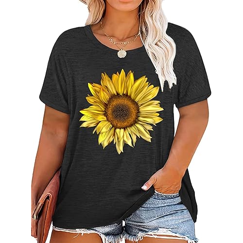 Plus Size Tops Sunflower Shirts for Women Flower Graphic Tees Shirts Summer Inspirational Tshirt