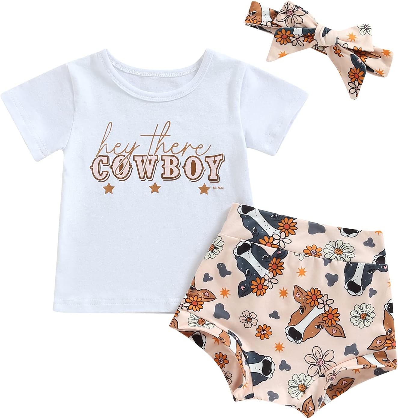 Western Baby Girl Summer Clothes - Hey There Cowboy T-Shirt Cow Print Short Set Western Baby Girl Clothes Outfit