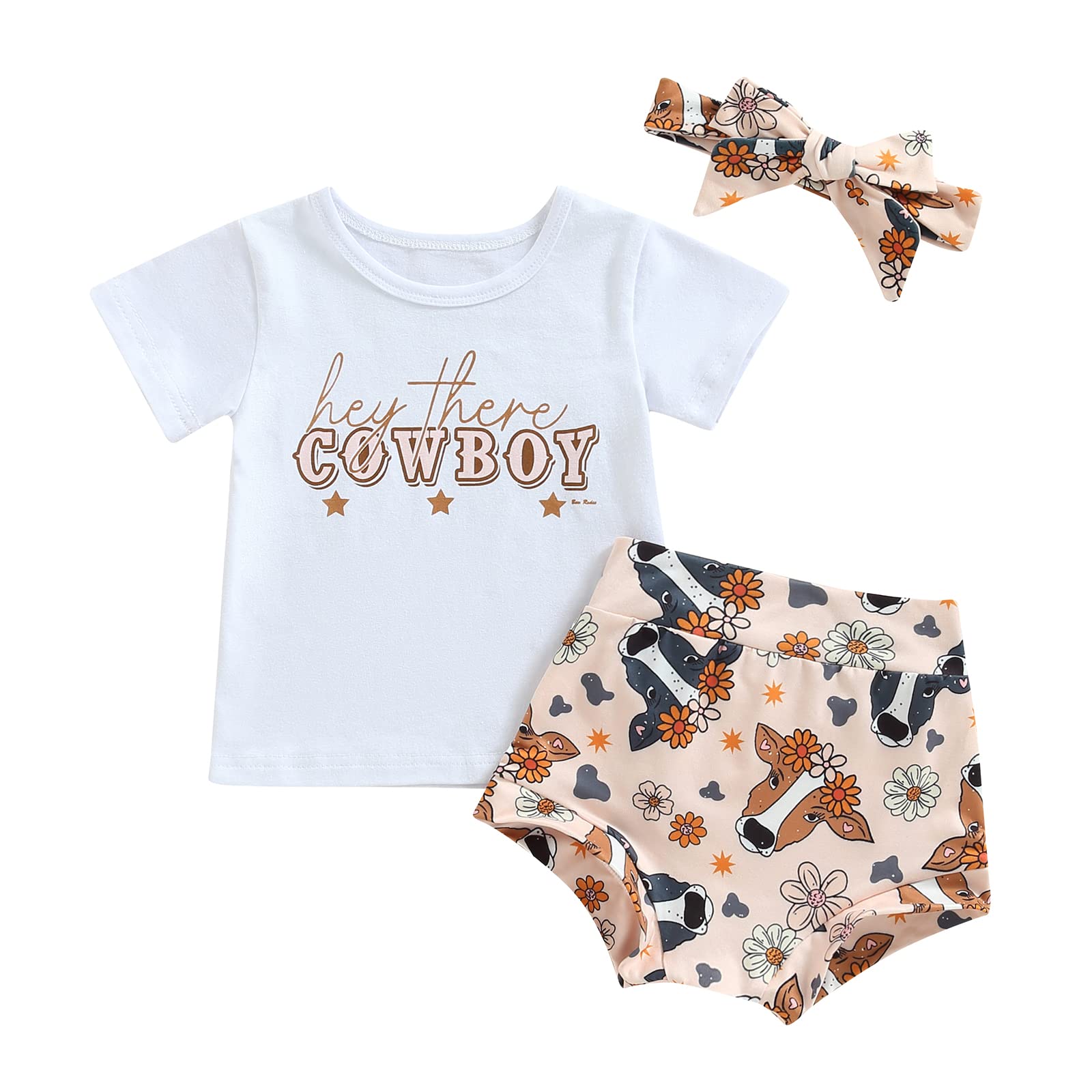 Western Baby Girl Summer Clothes - Hey There Cowboy T-Shirt Cow Print Short Set Western Baby Girl Clothes Outfit