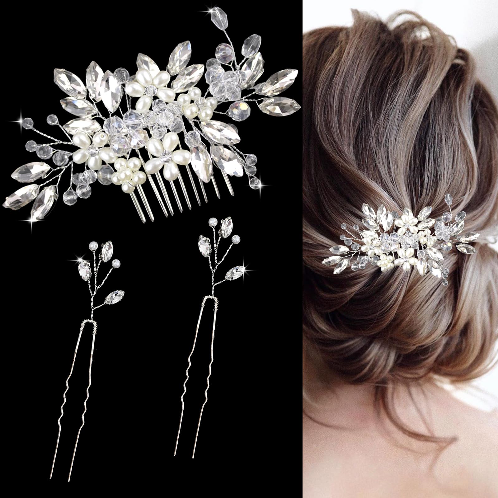 1 pettine per capelli da sposa con perle di cristallo, con 2 forcine per capelli con strass, accessori per capelli per sposa, damigelle d'onore, ragazze con fiori (argento)