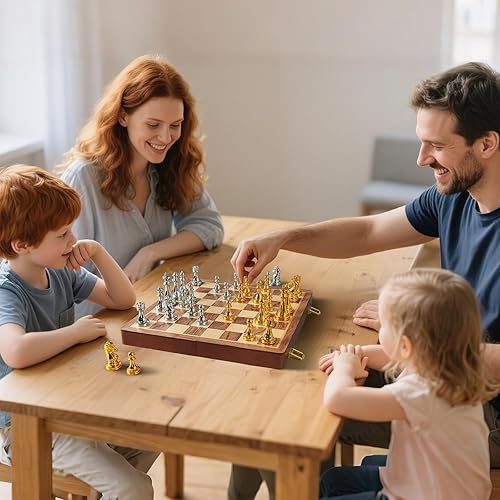 Miniatura 6 de BIVOMON Juego de ajedrez de madera para adultos y niños, tablero de ajedrez plegable de 12 pulgadas con piezas de ajedrez de metal, juego de ajedrez
