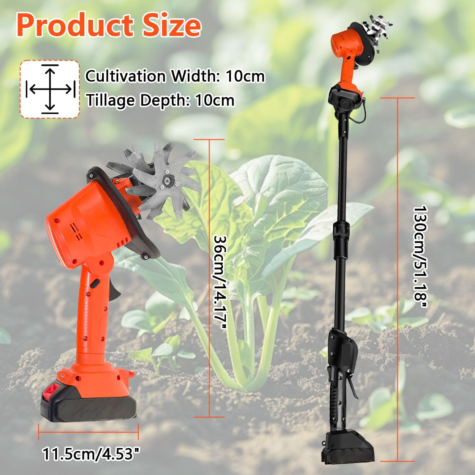 21V Gartenfräse Elektrisch, 550W Akku-Bodenhacke mit 10cm Frästiefe und 10cm Fräsbreite, 235 U/min Drehzahl Ackerfräse, Garten Geräte Akku Bodenhacke mit 2 Akkus 3000mAh und 1,3M Handgriff Gartenhacke