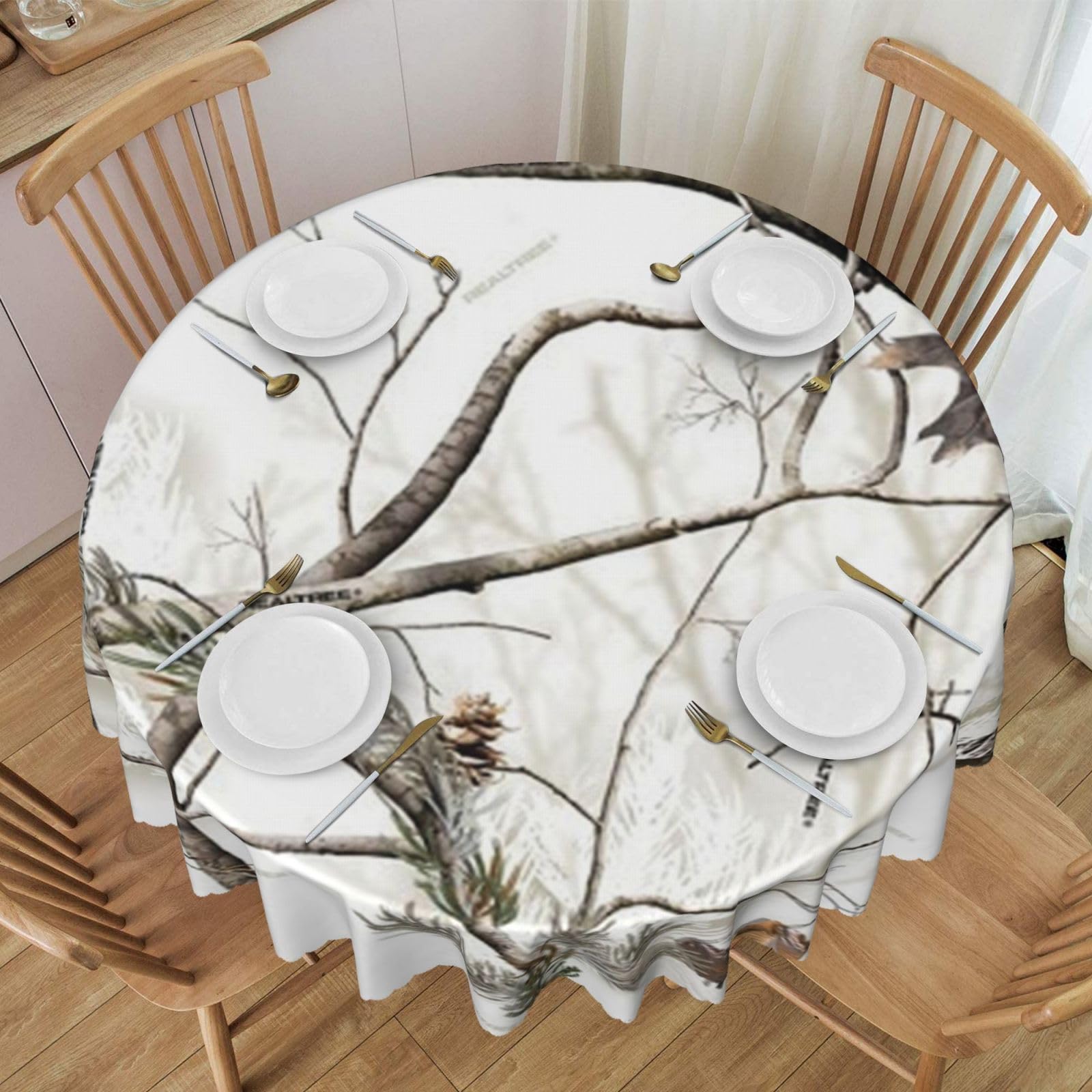 DCEHGEW 60 In Round Tablecloth with Lace, White Trees Camouflage Printed Oilproof & Washable Fabric Picnic Table Cloth Table Covers