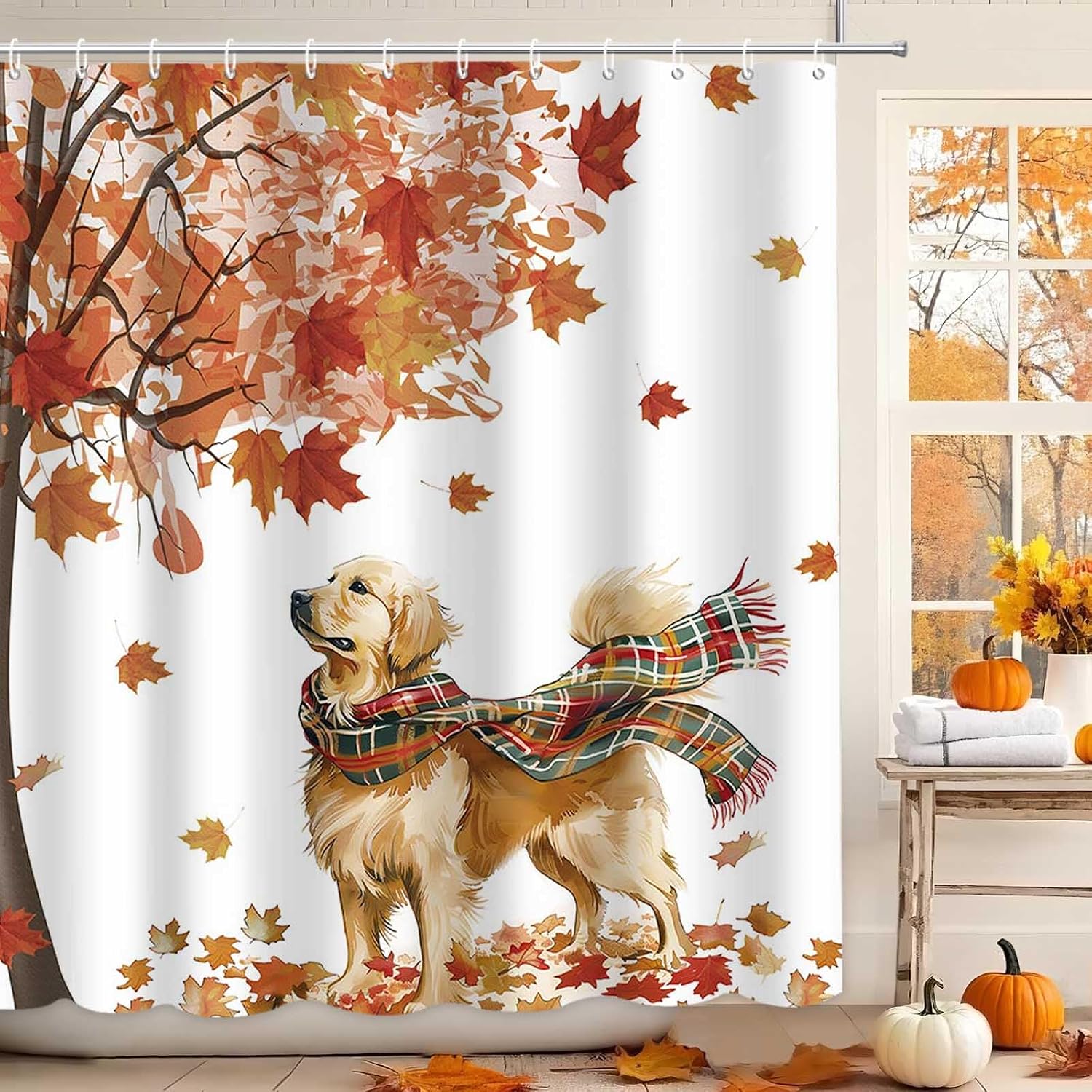 MEHOFOND Fall Cute Cat Shower Curtain Maple Leaf Farmhouse Bath Curtain