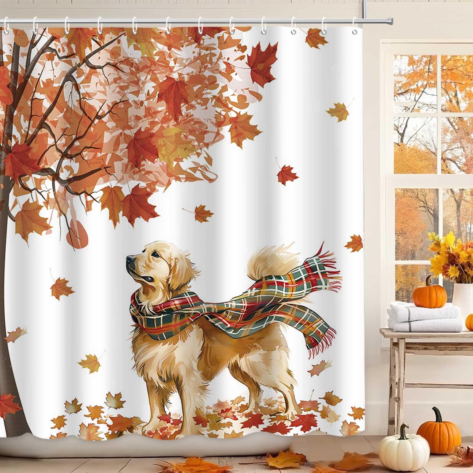 Rideau de douche motif chien imperméable et lavable en tissu orange d'automne
