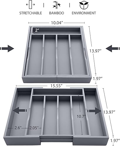 Miniatura 2 de oridom Organizador de cajones de cocina de bambú expandible para cubiertos y utensilios, bandeja ajustable de madera de bambú en el cajón para