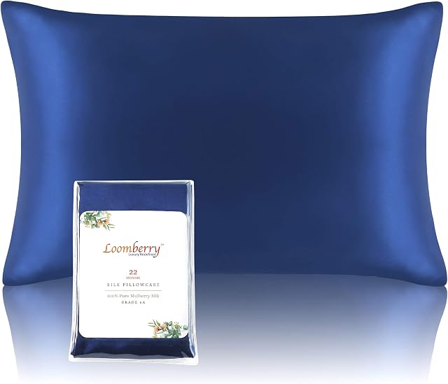 LOOMBERRY 22 Momme 100% Natural Pure Mulberry Silk Pillowcase for Hair and Skin (1 Piece) Both Sides 22 Momme Highest Grade 6A with Hidden Zipper Naturally Hypoallergenic (Navy Blue, Queen 50x76CM)