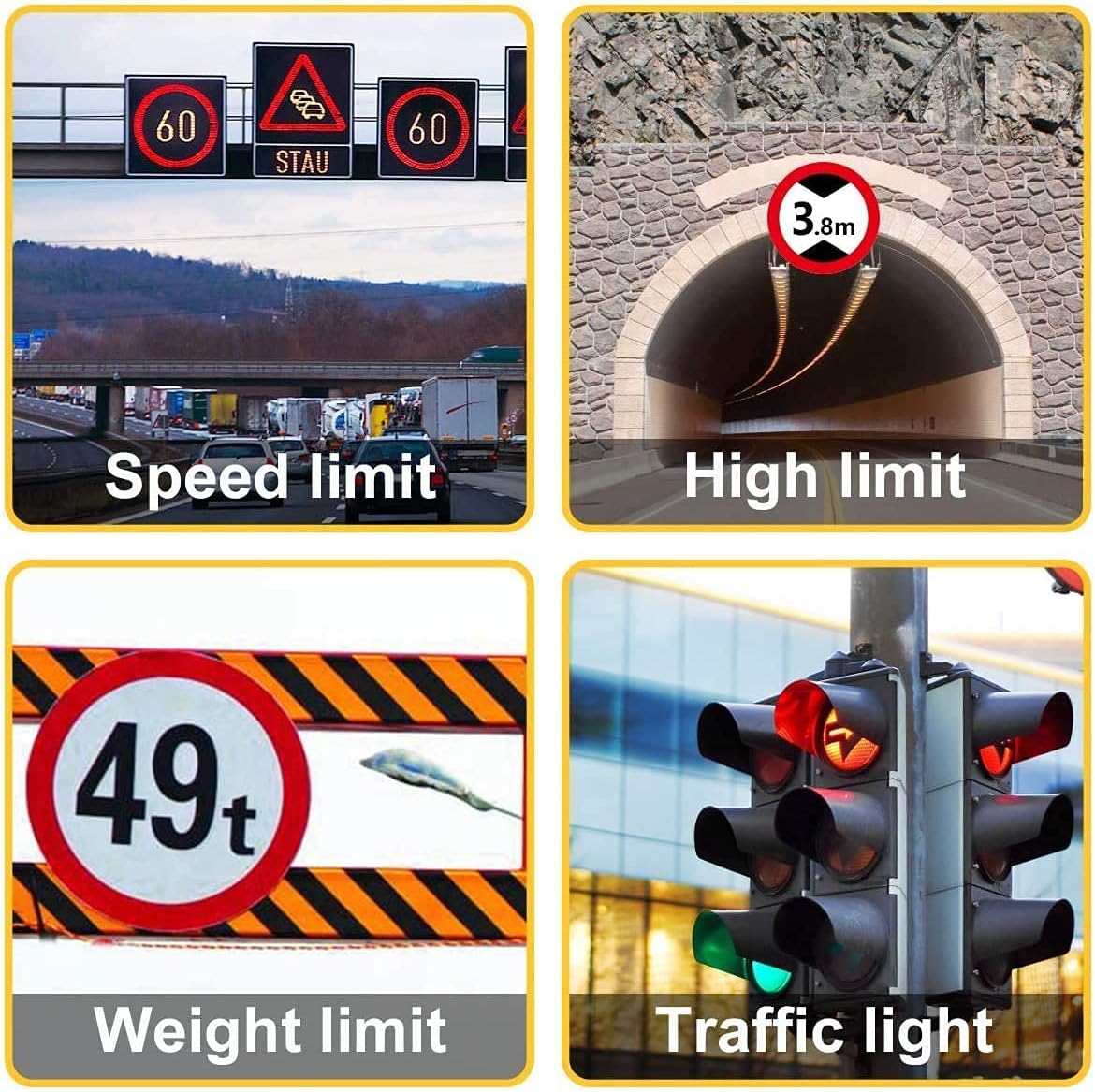 Road signs indicating speed, height, and weight limits, and a traffic light