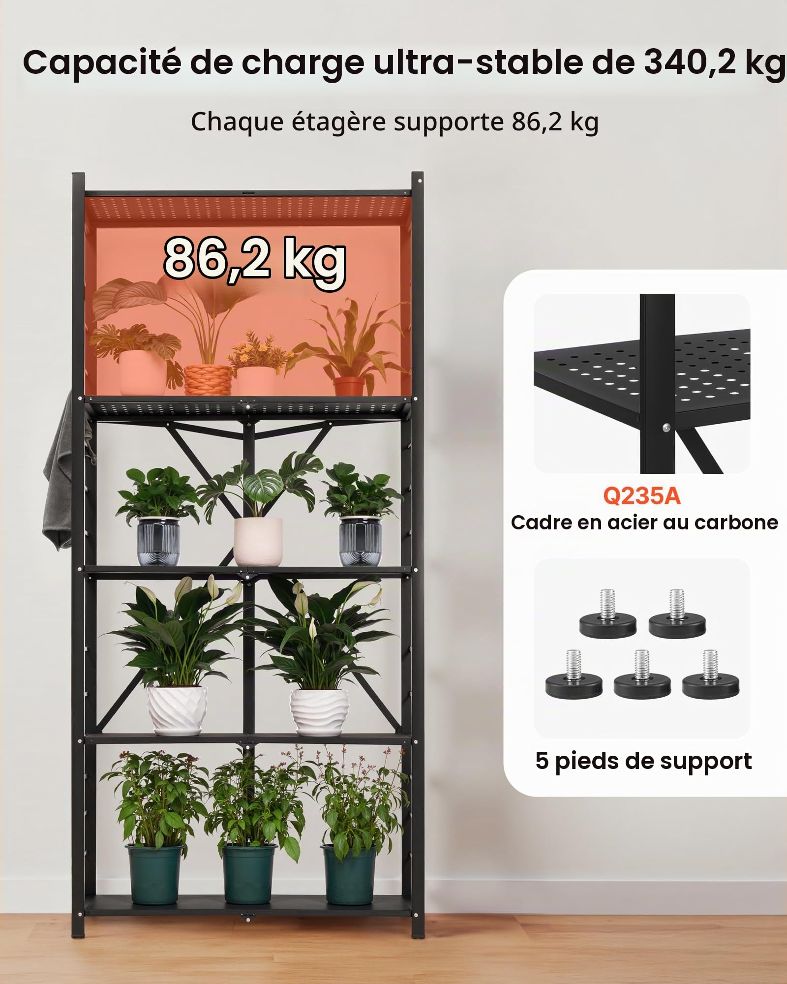 VEVOR Étagère Pliante Mobile, 5 Niveaux, Étagère Pliante à roulettes, 81x36x183 cm, Métal Robuste, Charge Statique 340 kg Dynamique 90,7 kg, Meuble de Rangement pour Garage, Cuisine, sous-Sol, Noir