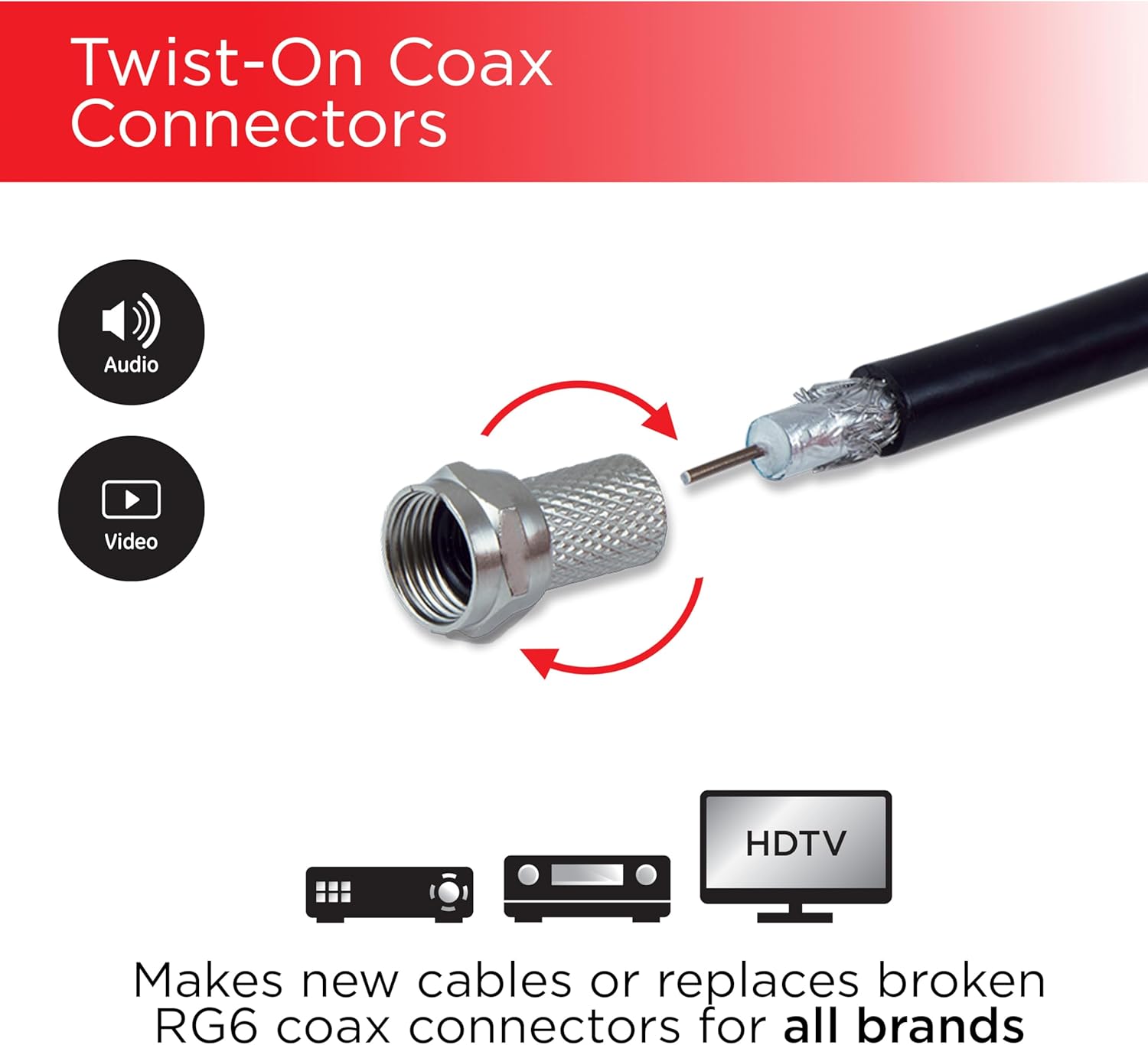 UltraPro RG6 F-Type Twist-On Coaxial Connector, 160 Pack, Replace Connectors or Assemble Custom Cables, No Tools Required, 85181