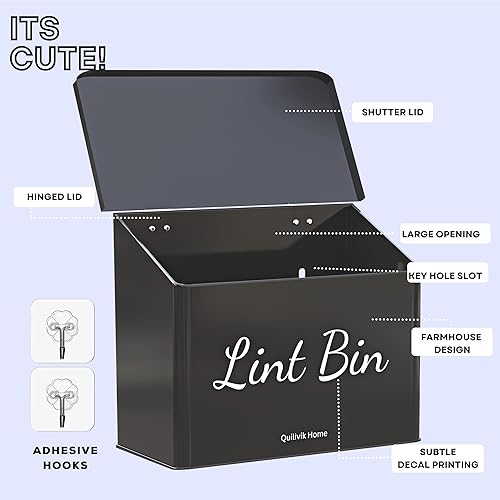 Miniatura 3 de QUILIVIK Papelera magnética de metal para decoración de cuarto de lavandería y ganchos, caja de pelusa de montaje en pared con tapa, contenedor de