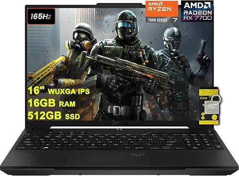 ASUS TUF Gaming A16 Laptop 16 WUXGA 165Hz 100% sRGB AMD 8-core Ryzen 7 7735HS 16GB RAM 512GB SSD Radeon RX 7700S 8GB (>RTX4060) Backlit USB4 Fast Charge AI Noise Cancelation Win11 w/ICP Accessory