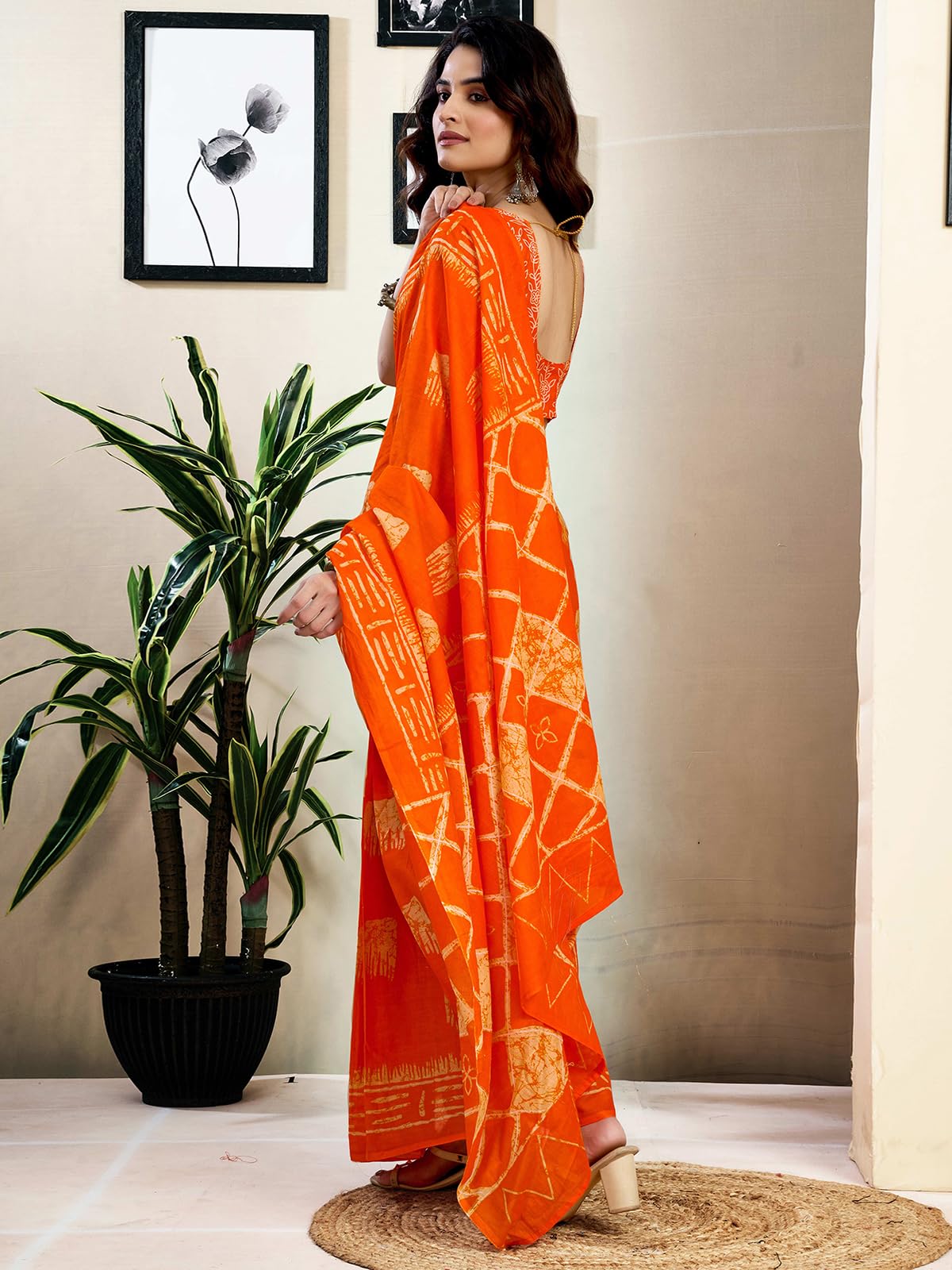 Satrani Women's Pure Cotton Printed Ready To Wear Saree With Pocket And Unstitched Blouse Piece (39Rs147_Orange)