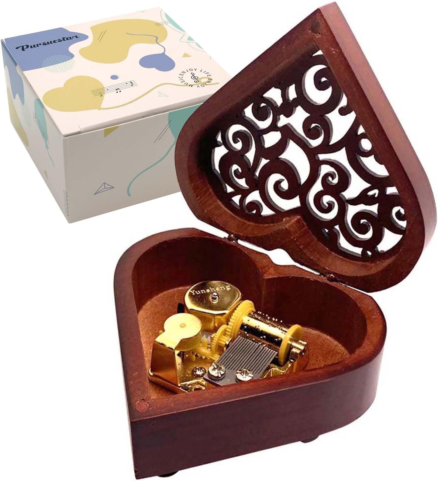 Pursuestar Over The Rainbow Music Box, Heart Shaped Vintage Hollow Out Wood Mechanism Wind Up Musical Box Gifts for Birthday Christmas Mother's Day Valentine's Day