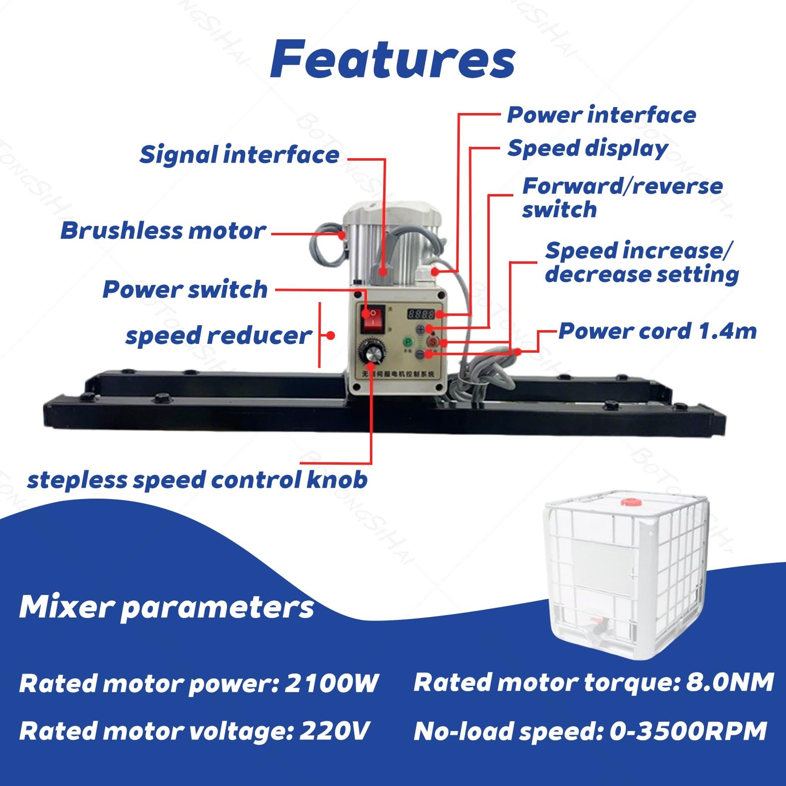 Agitador eléctrico de 2100 W, velocidad ajustable de 200 a 3000 rpm, adelante/atrás, soporte extensible, mezclador de tambor para varios líquidos y aplicaciones de tanques