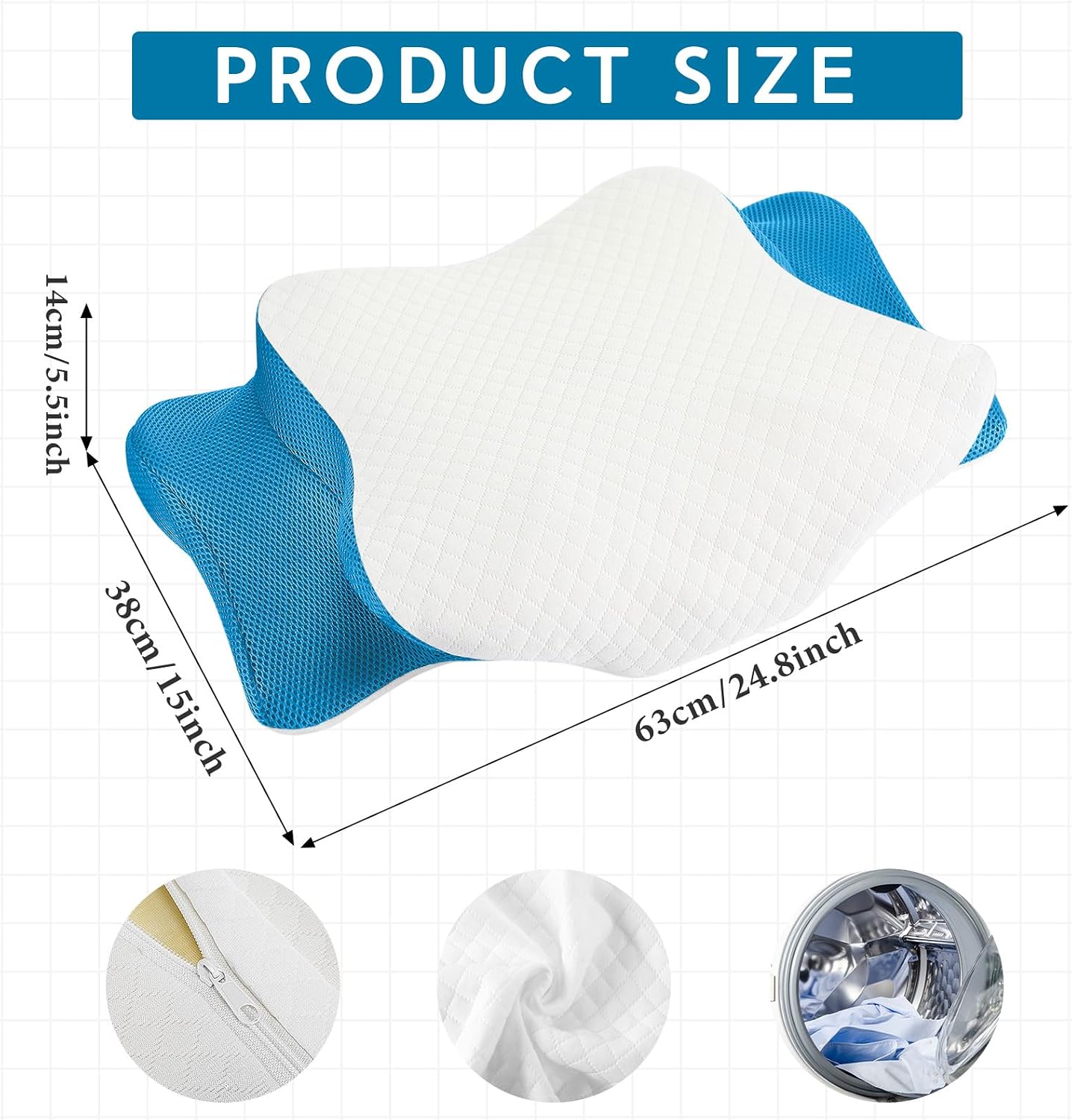 HunnmingRe Cervical Pillow Case Cover Comfortable and Breathable Memory Foam Cervical Neck Pillow Case Cover with Zipper(White, Blue,Queen Size)