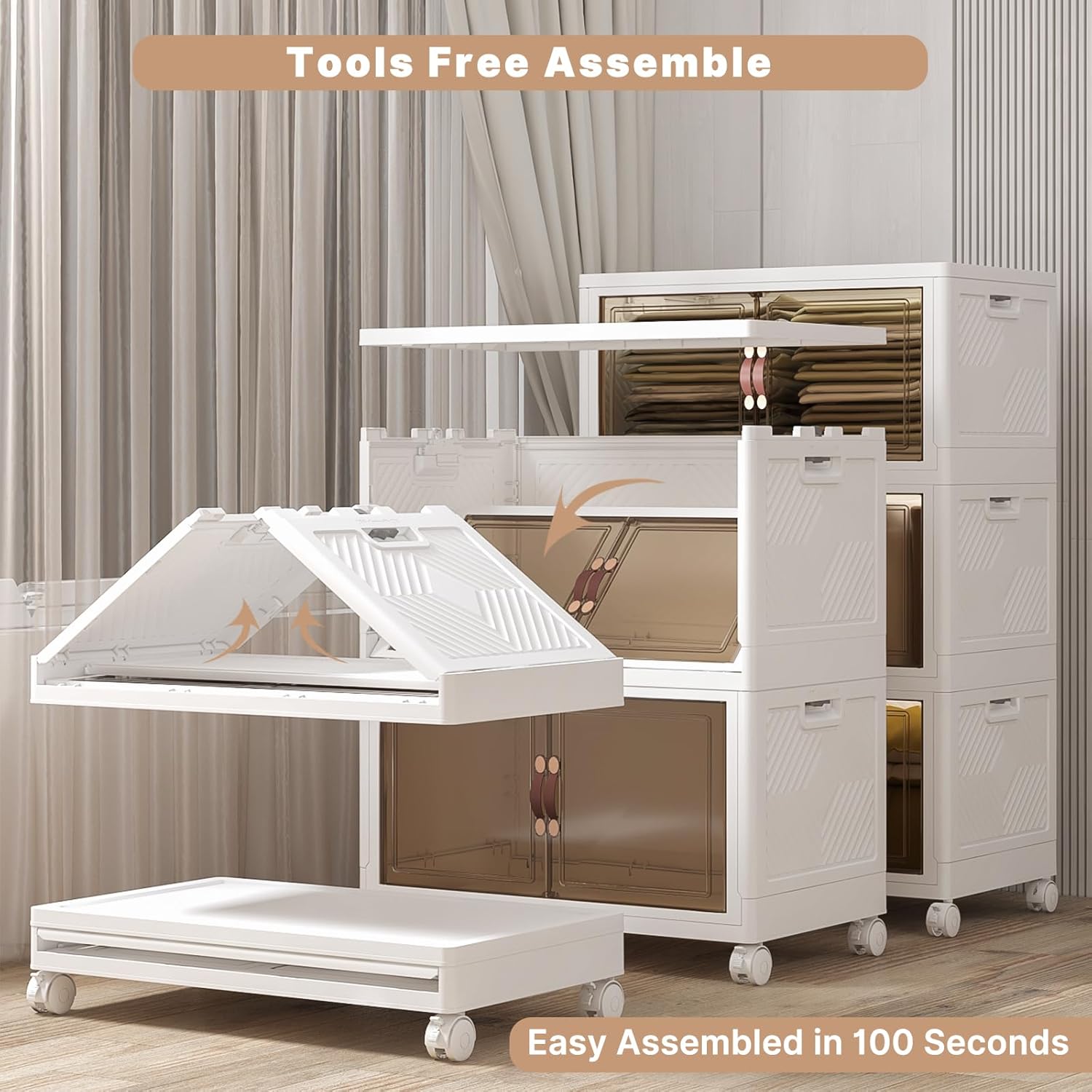 Extra Large Stackable Storage Bins with Lids & Wheels, 672QT-168QT/42GAL*4Pack Foldable Collapsible Closet Organizers Storage Cabinet with Doors for Bedroom Dorm