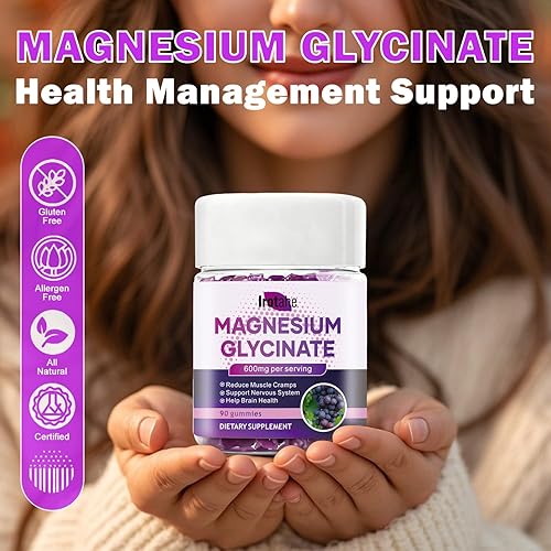 Miniatura 3 de Gomitas de glicinato de magnesio de 600 mg  Masticables de frambuesa sin azúcar con L-treonato, vitamina D3 y B6  Apoya la relajación, el sueño y la