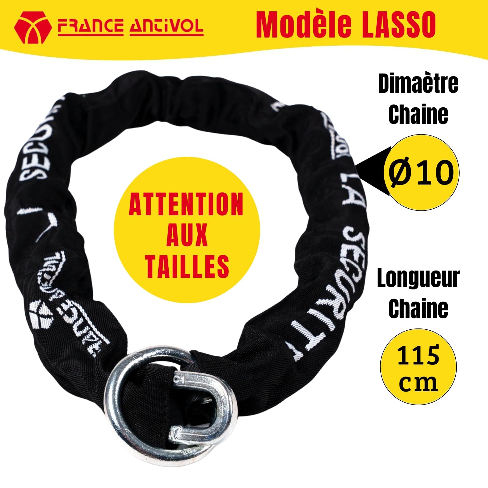 Chaine Moto Lasso - Scooter - Antivol Velo Electrique Ø10mm - Chaine Antivol Moto en Acier Cémenté SANS Cadenas Velo Antivol/Moto/Scooter - Longueur Chaine 115,5cm