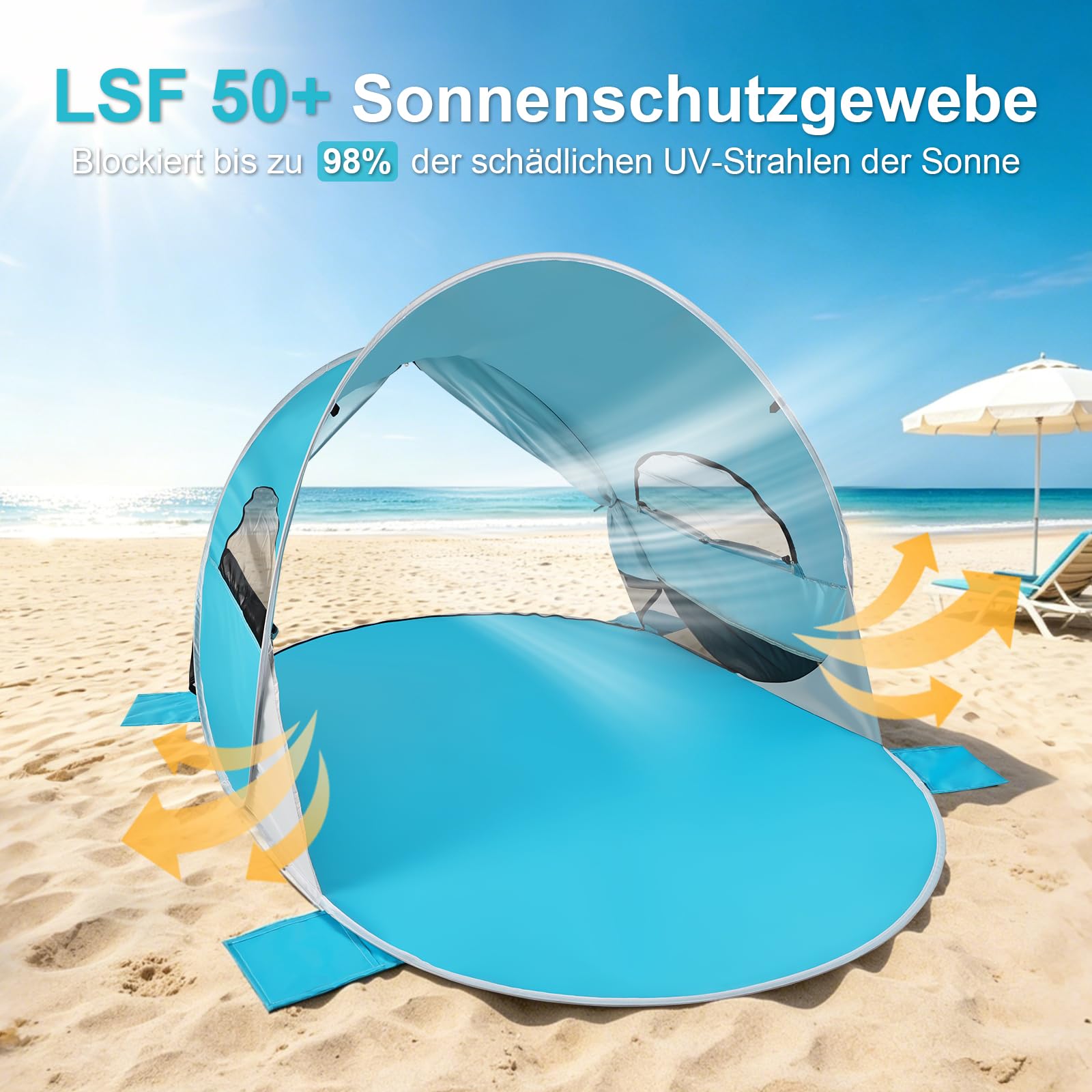 Strandmuschel Pop-Up Strandzelt mit UV-Schutz 50+, 3-4 Personen Zelt, Tragbar Windschutz & Sonnenschutz Wurfzelt Sonnenzelt für Baby Kinder Familie Strand Camping Garten