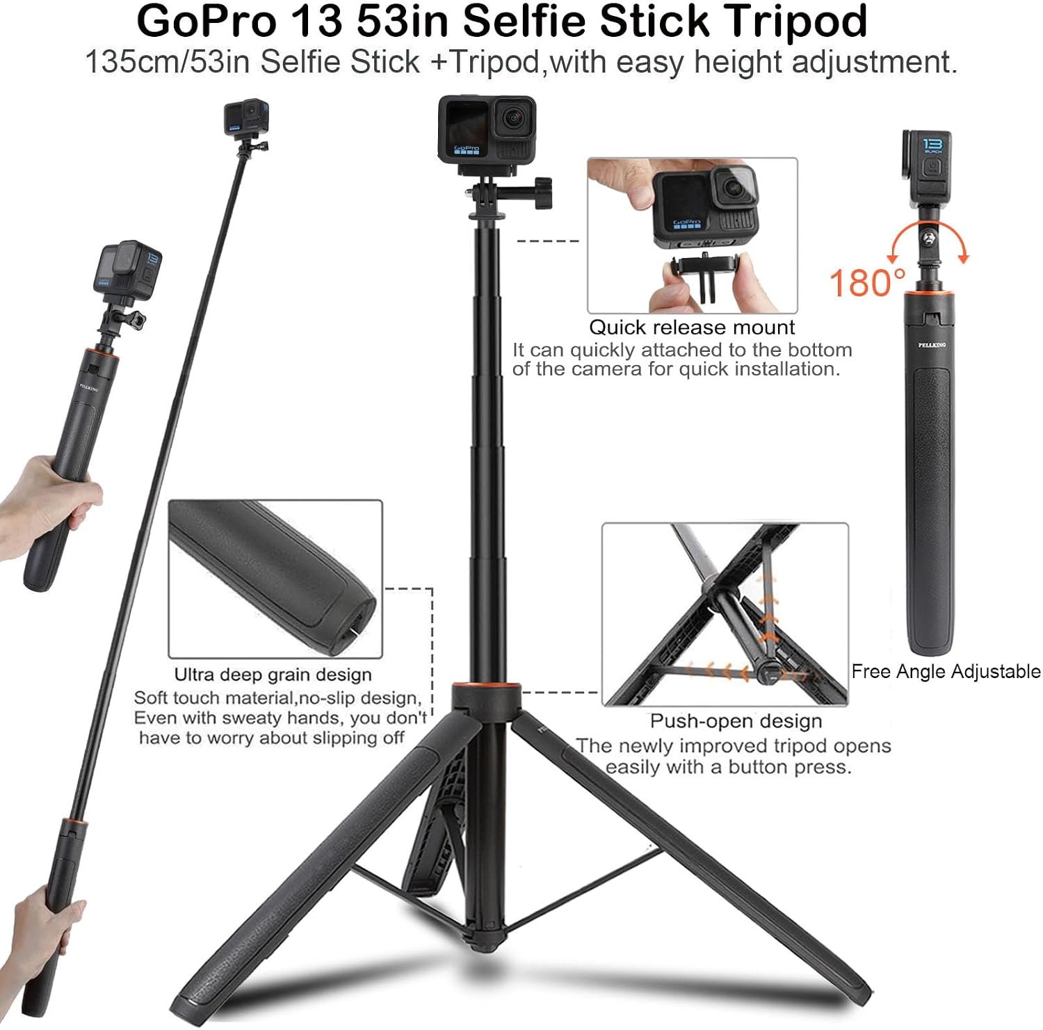 PellKing Accessories Kit for GoPro Hero 13,Carrying Case with Belt 135cm Selfie Stick Tripod Waterproof Housing Suction Cup Magnetic Handlebar Mount Qucik Release Clip 4 in 1 Body Mount and Other