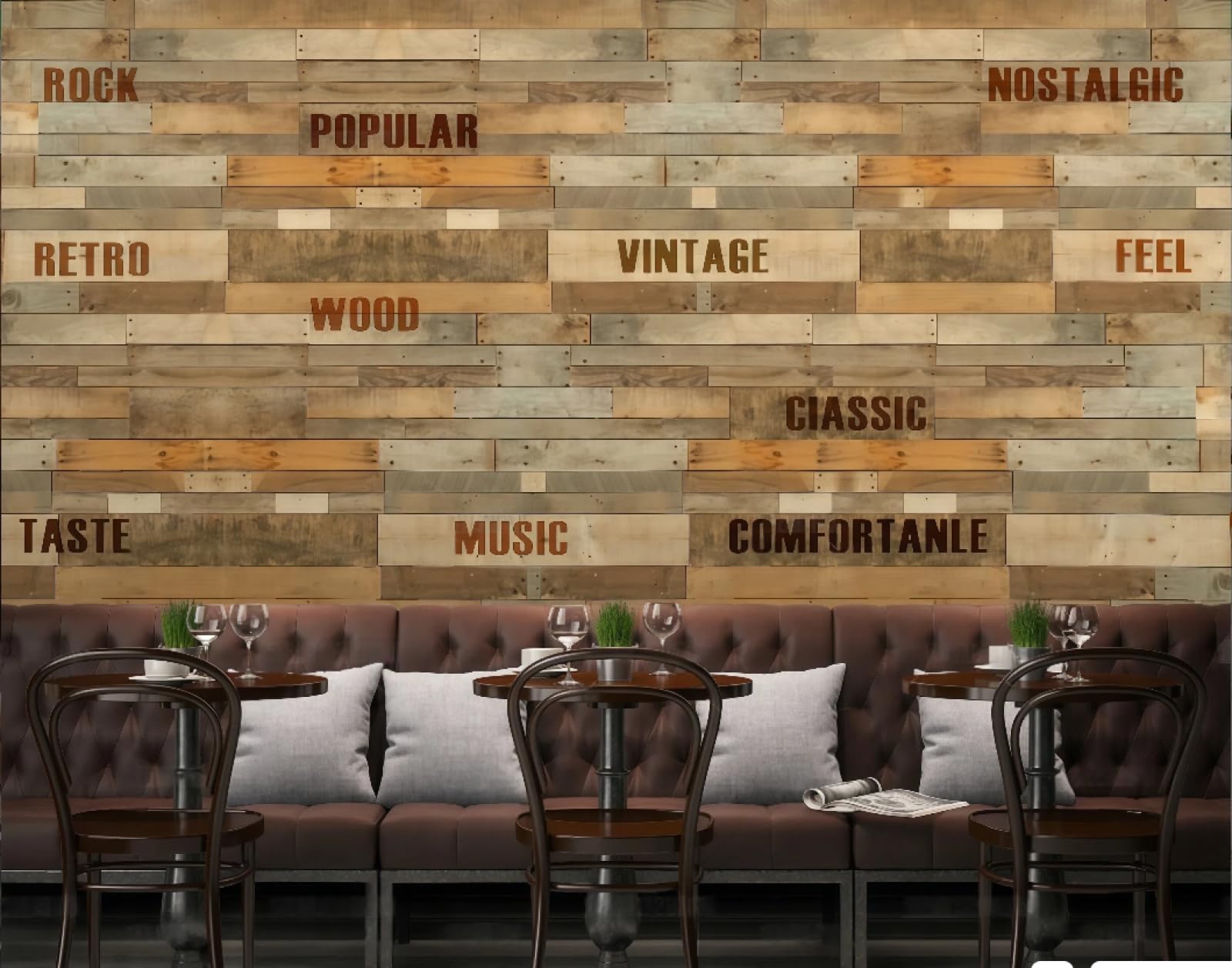 XDOUBAO Wallpaper Three-Dimensional Personality English Letters Wooden Board Afternoon Tea Coffee Shop Background Mural Western Restaurant Wallpaper,3D,250x175cm