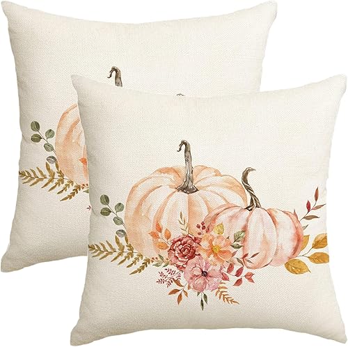 Miniatura 8 de Juego de 2 fundas de almohada decorativas de otoño de 18 x 18 pulgadas, diseño de hojas florales de calabaza blanca con acuarela, fundas de almohada