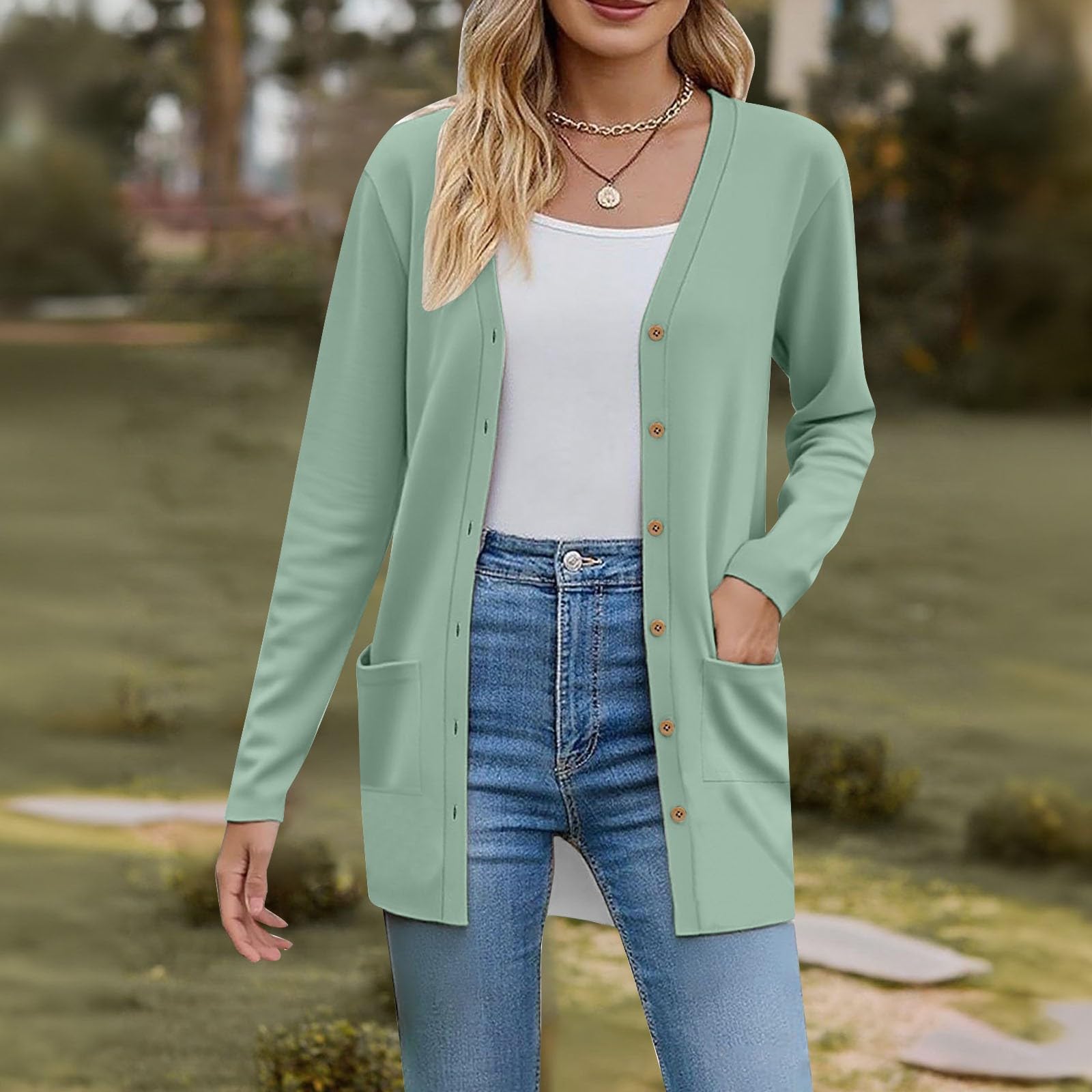Gilet Femme Chic et Elegant Cardigan Femme Long Leger Veste Mi Saison Printemps Ete Manches Longues Col V Boutons avec Poche Fluide Doux Quotidien Casual Grande Taille
